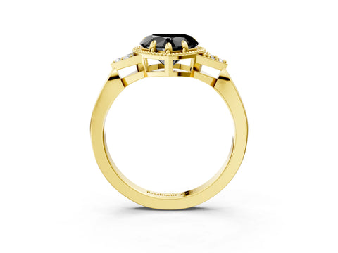 Yellow gold Hexagonal Halo Fancy Black Heart Cut Diamond Solitaire with Pavé Band and Four-Prong Setting_6