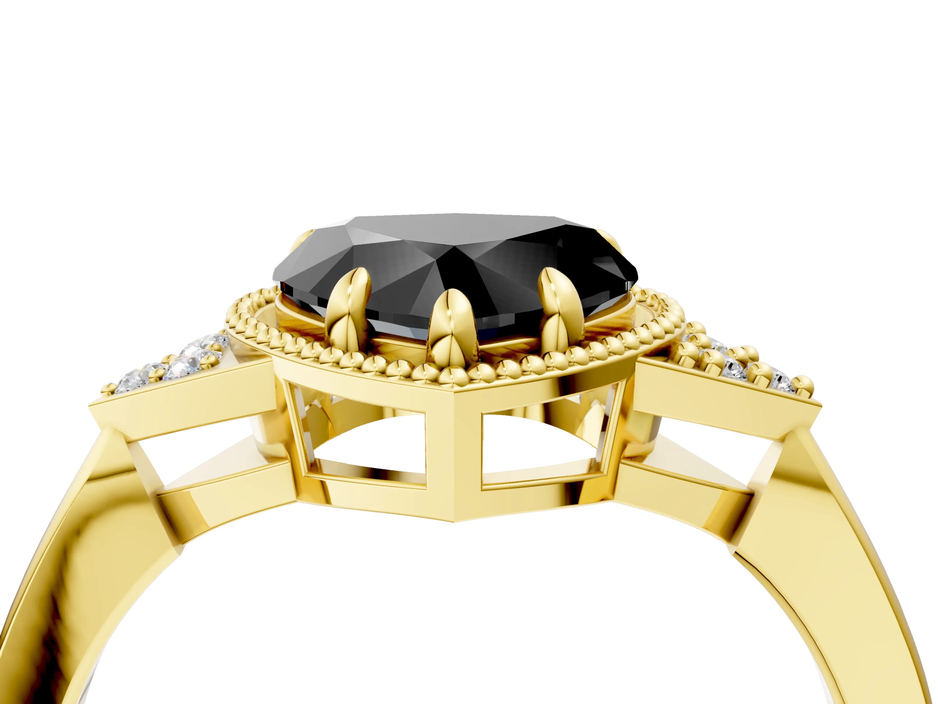 Yellow gold Hexagonal Halo Fancy Black Heart Cut Diamond Solitaire with Pavé Band and Four-Prong Setting_7