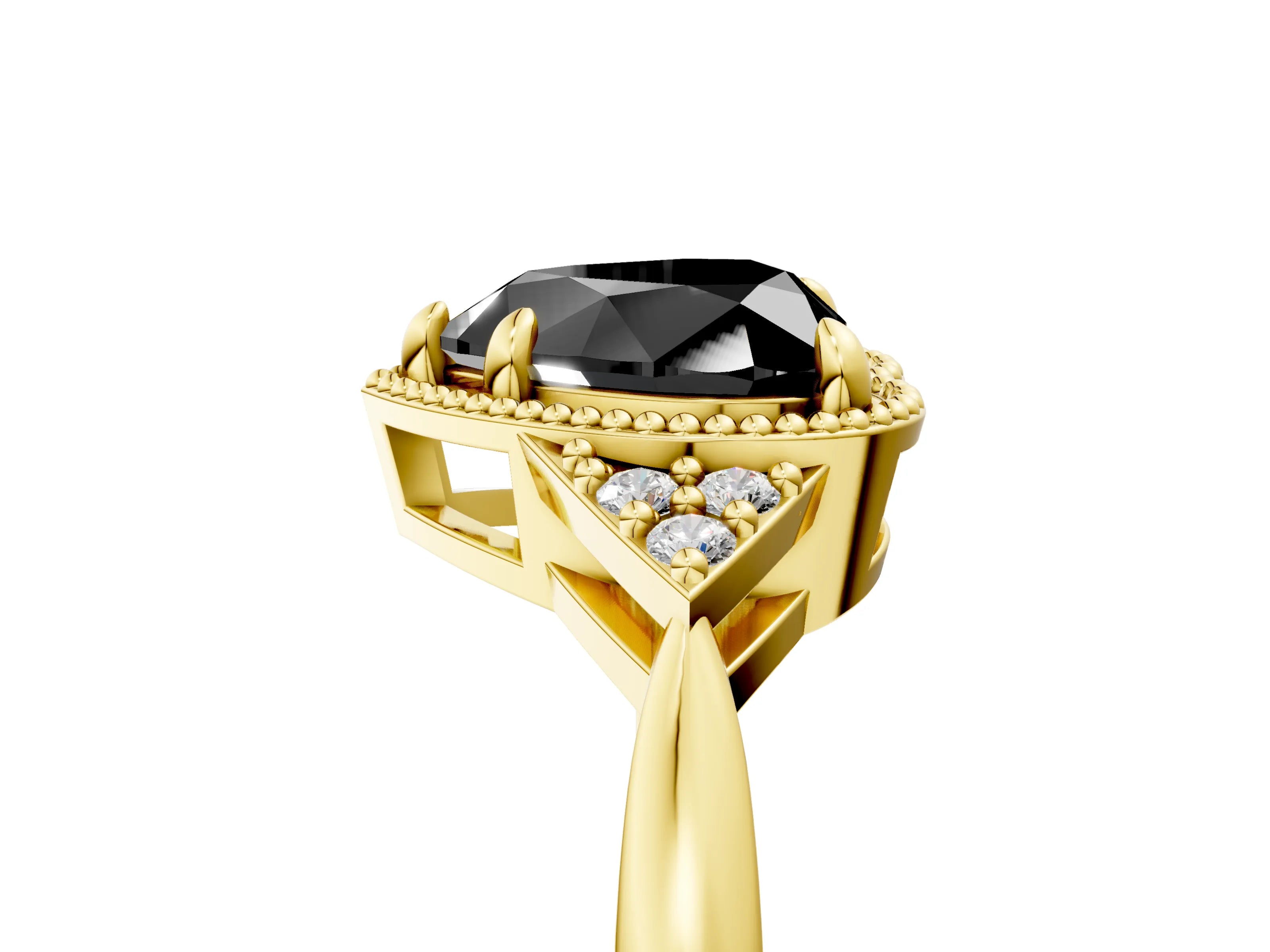 Yellow gold Hexagonal Halo Fancy Black Heart Cut Diamond Solitaire with Pavé Band and Four-Prong Setting_8