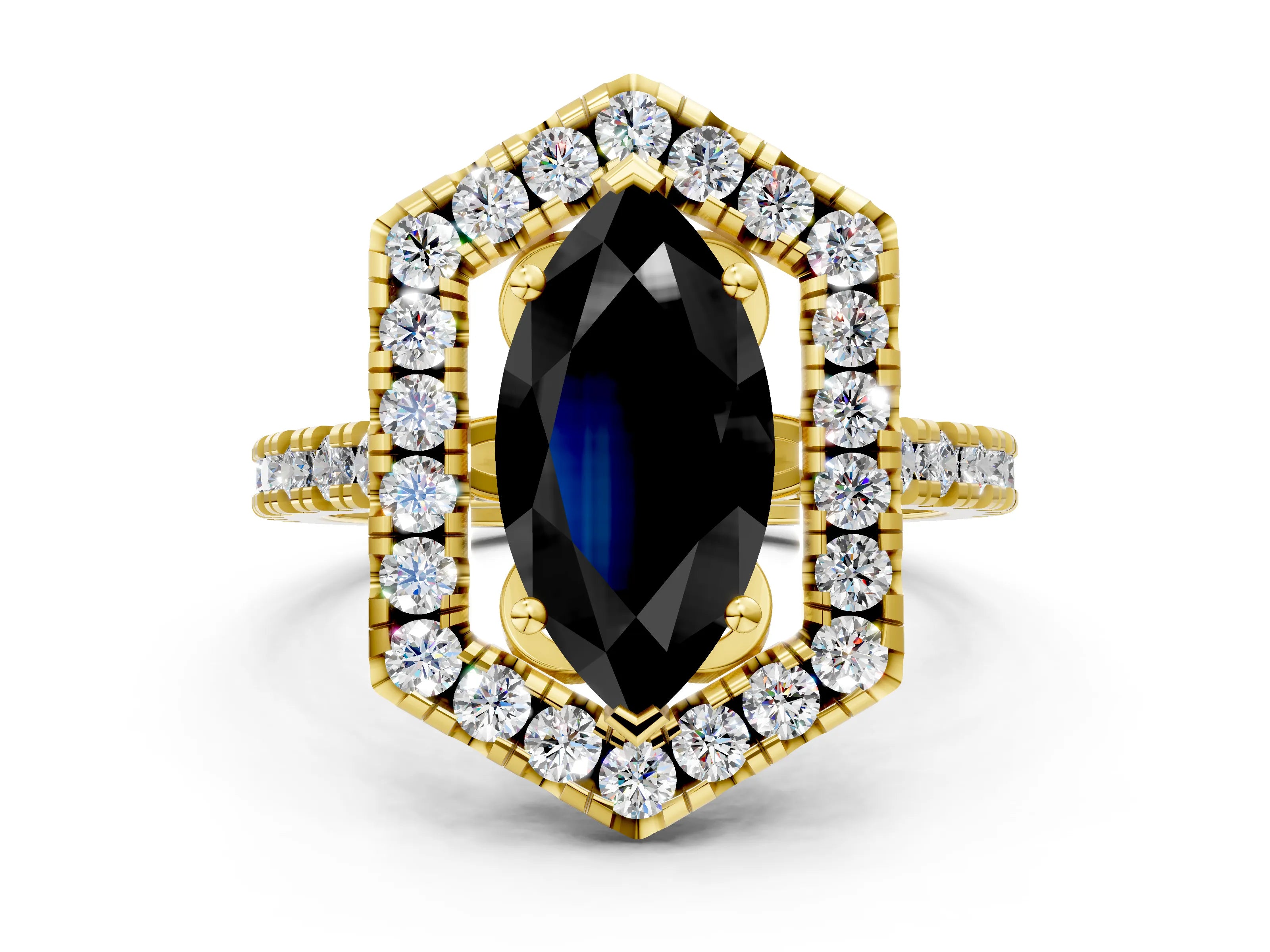 Yellow gold Hexagonal Halo Fancy Black Marquise Cut Diamond Pavé Band with Four-Prong Setting