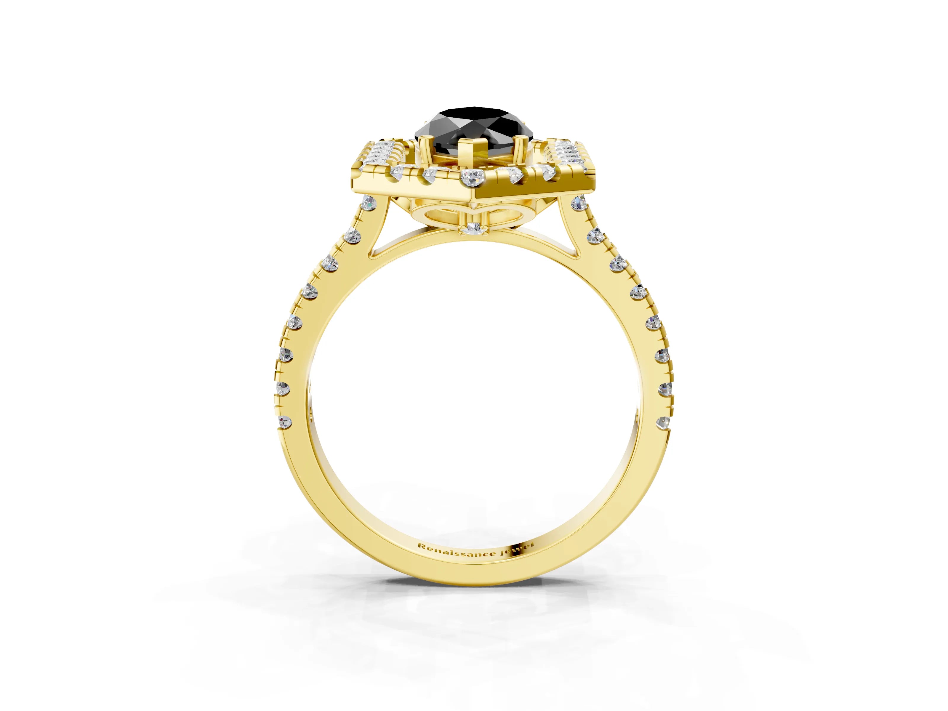 Yellow gold Hexagonal Halo Fancy Black Marquise Cut Diamond Pavé Band with Four-Prong Setting_3