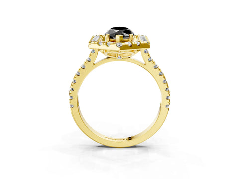 Yellow gold Hexagonal Halo Fancy Black Marquise Cut Diamond Pavé Band with Four-Prong Setting_3