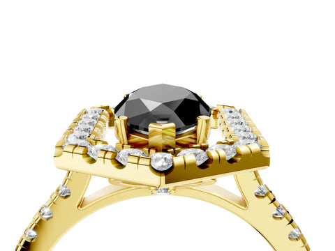 Yellow gold Hexagonal Halo Fancy Black Marquise Cut Diamond Pavé Band with Four-Prong Setting_4