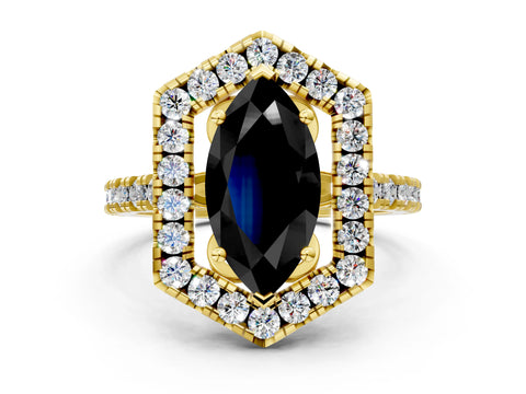 Yellow gold Hexagonal Halo Fancy Black Marquise Cut Diamond Pavé Band with Four-Prong Setting
