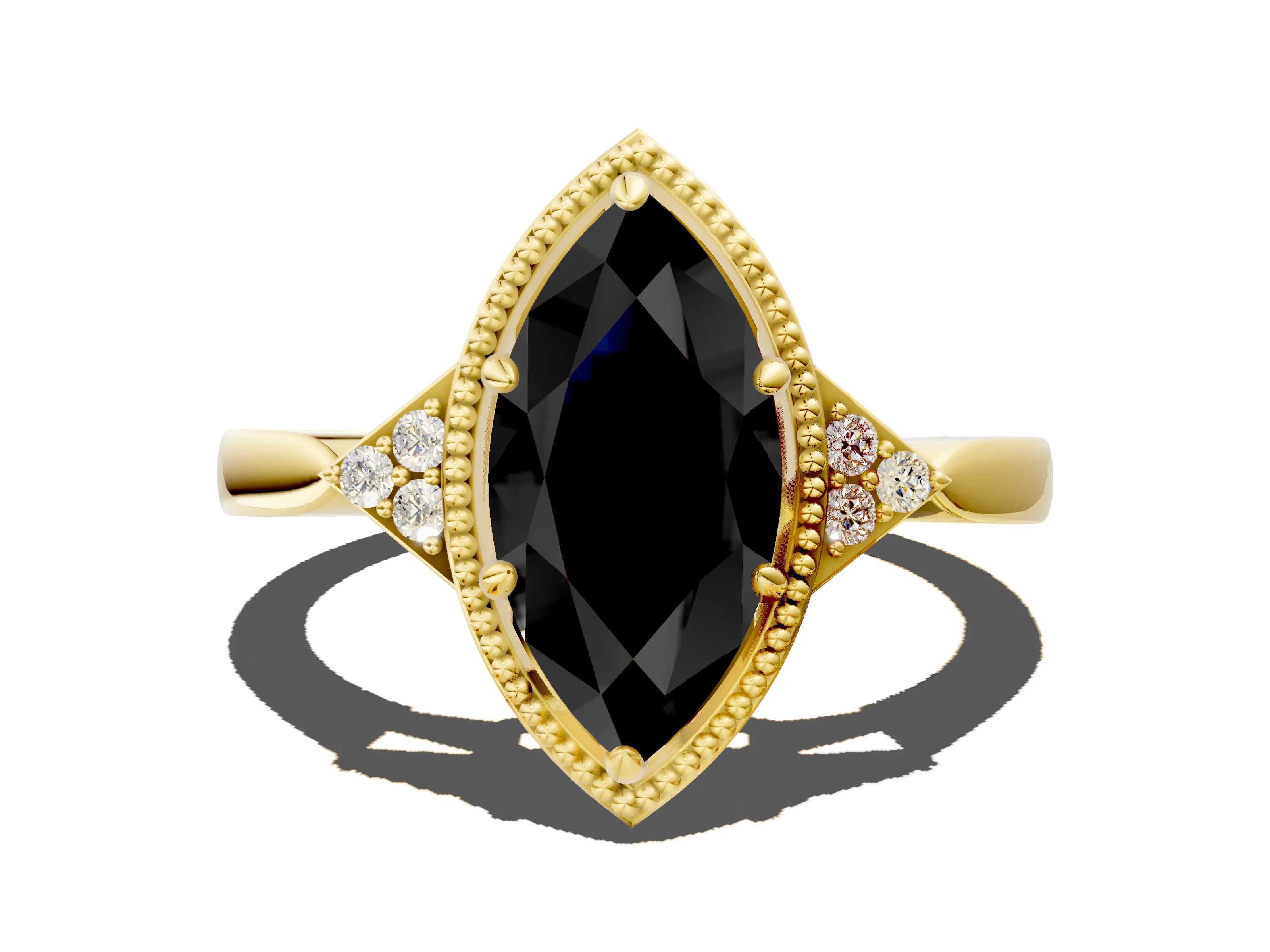 Yellow gold Hexagonal Halo Fancy Black Marquise Cut Diamond Solitaire with Pavé Band and Four-Prong Setting_3
