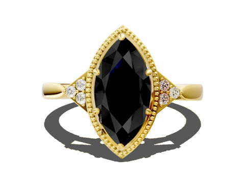 Yellow gold Hexagonal Halo Fancy Black Marquise Cut Diamond Solitaire with Pavé Band and Four-Prong Setting_3