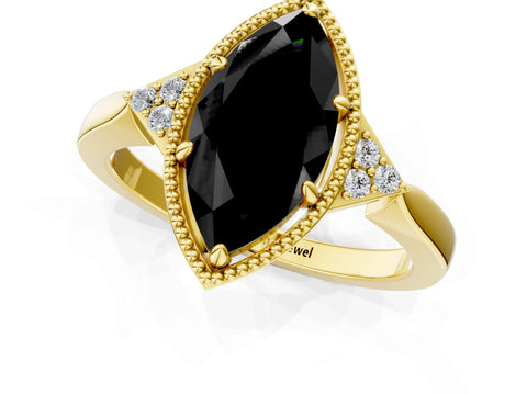 Yellow gold Hexagonal Halo Fancy Black Marquise Cut Diamond Solitaire with Pavé Band and Four-Prong Setting_4