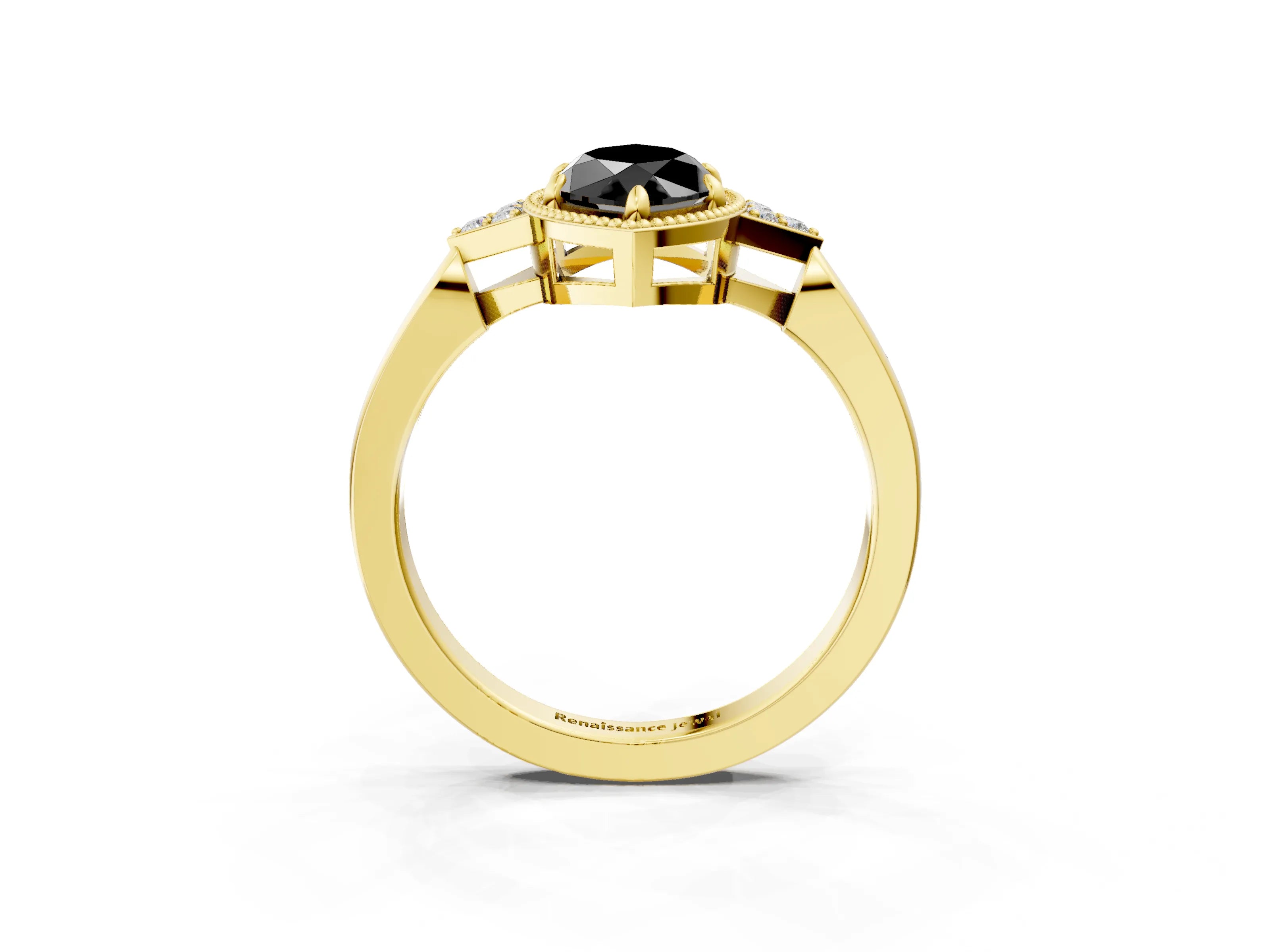 Yellow gold Hexagonal Halo Fancy Black Marquise Cut Diamond Solitaire with Pavé Band and Four-Prong Setting_6