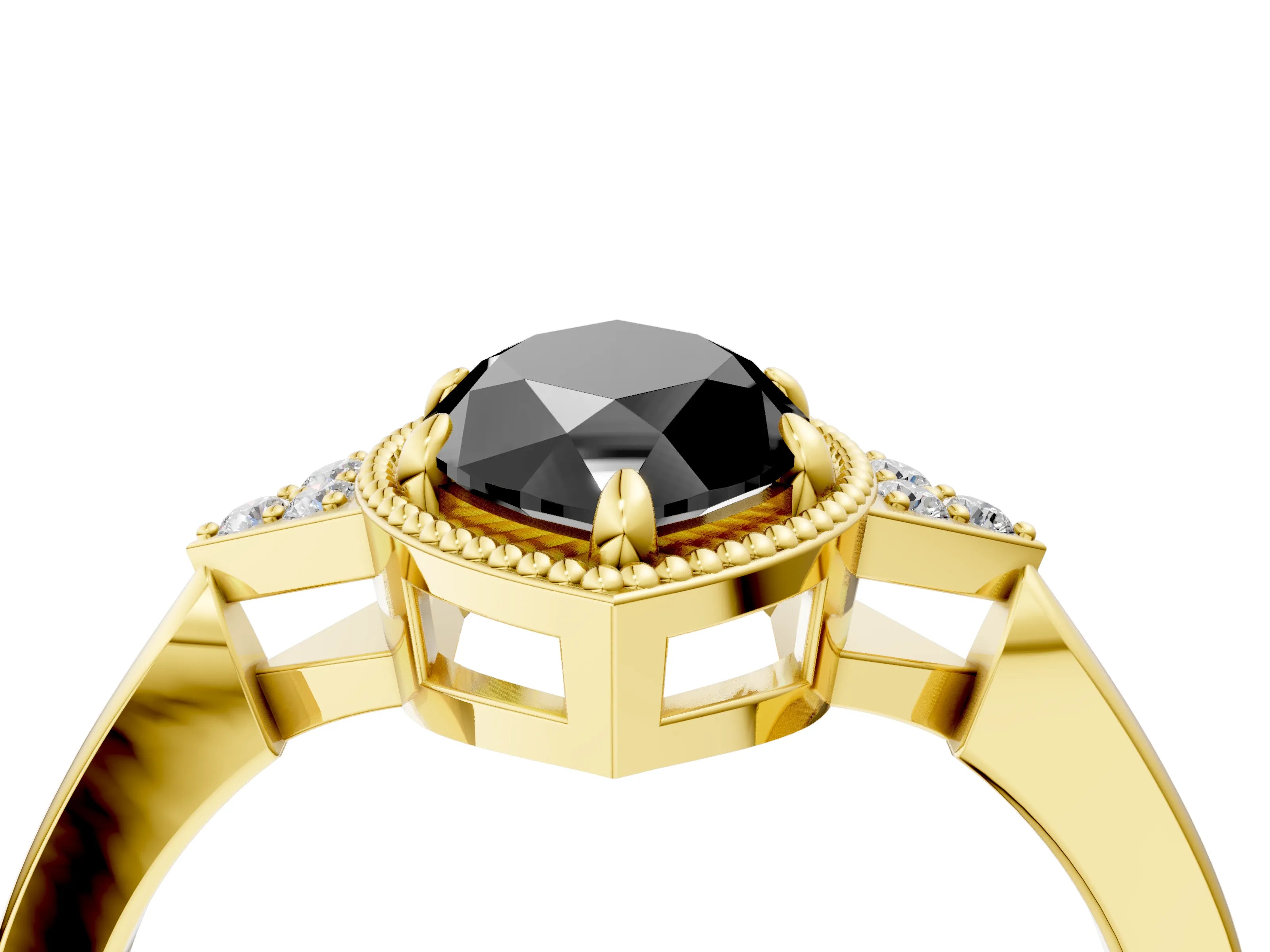 Yellow gold Hexagonal Halo Fancy Black Marquise Cut Diamond Solitaire with Pavé Band and Four-Prong Setting_7