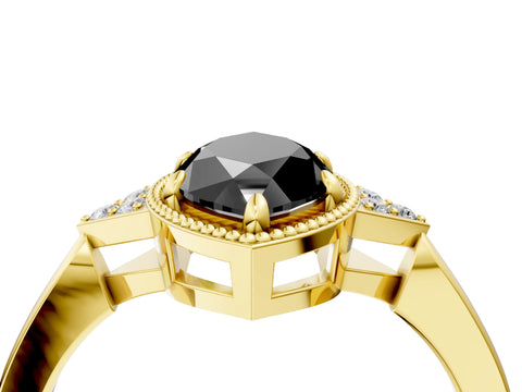 Yellow gold Hexagonal Halo Fancy Black Marquise Cut Diamond Solitaire with Pavé Band and Four-Prong Setting_7