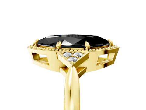 Yellow gold Hexagonal Halo Fancy Black Marquise Cut Diamond Solitaire with Pavé Band and Four-Prong Setting_8