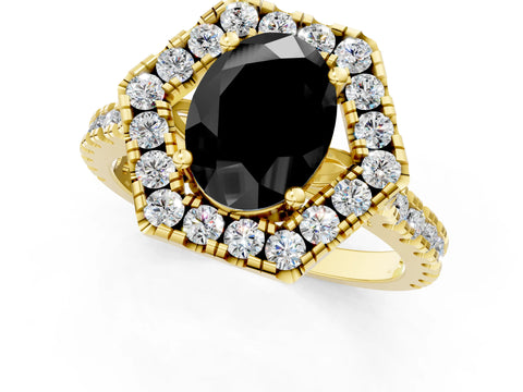 Yellow gold Hexagonal Halo Fancy Black Oval Cut Diamond Pavé Band with Four-Prong Setting_1