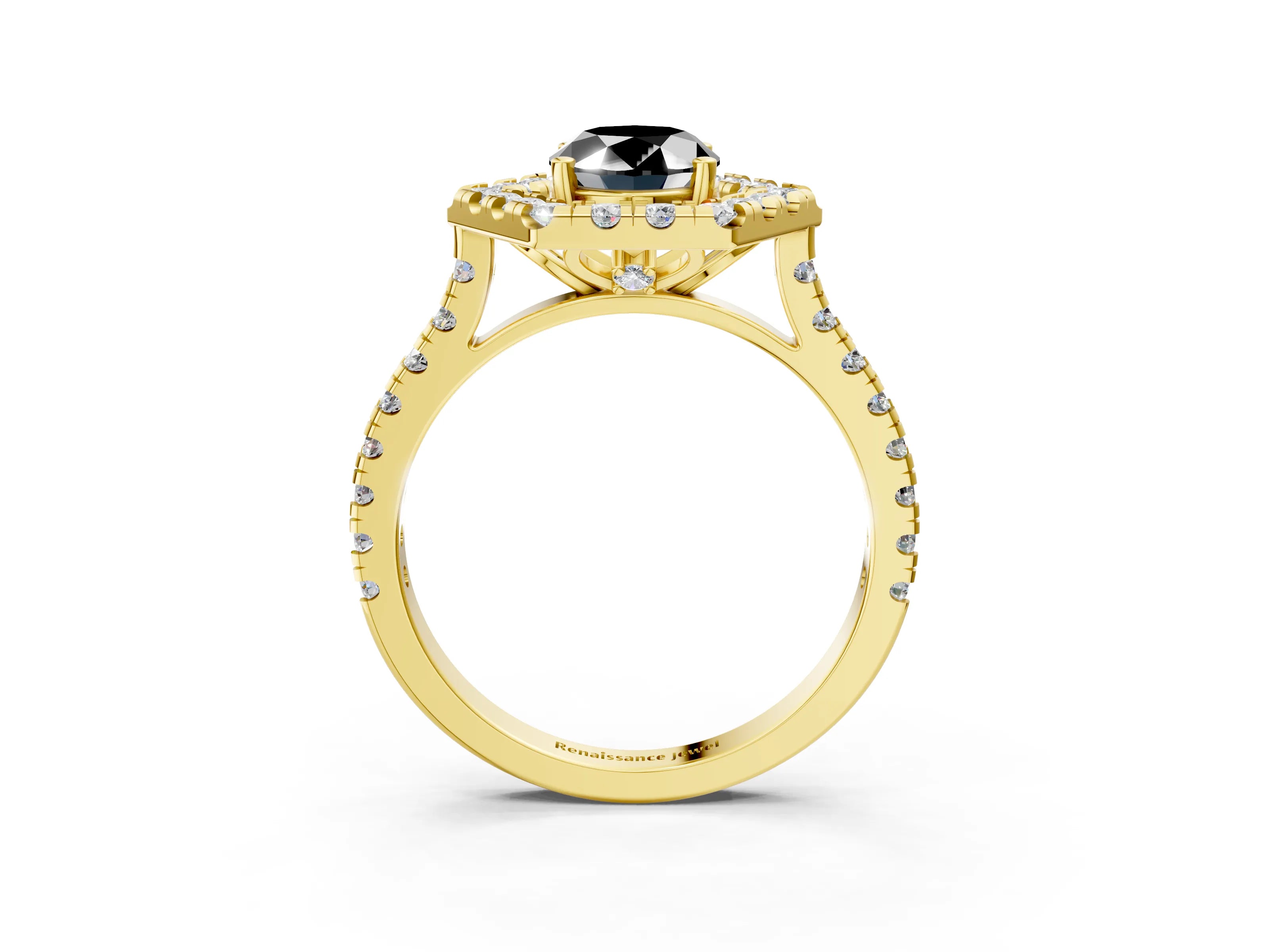 Yellow gold Hexagonal Halo Fancy Black Oval Cut Diamond Pavé Band with Four-Prong Setting_3
