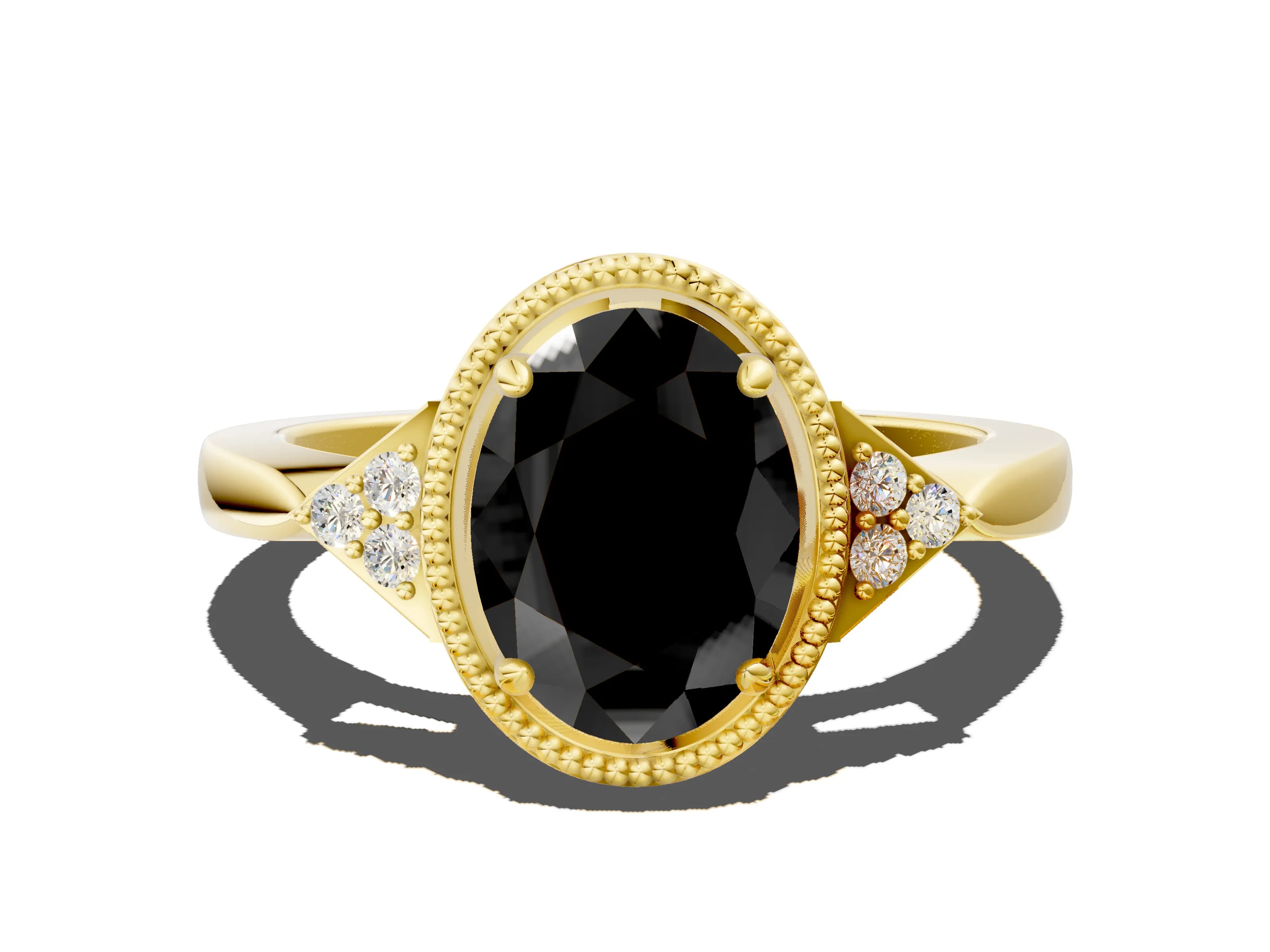 Yellow gold Hexagonal Halo Fancy Black Oval Cut Diamond Solitaire with Pavé Band and Four-Prong Setting_3