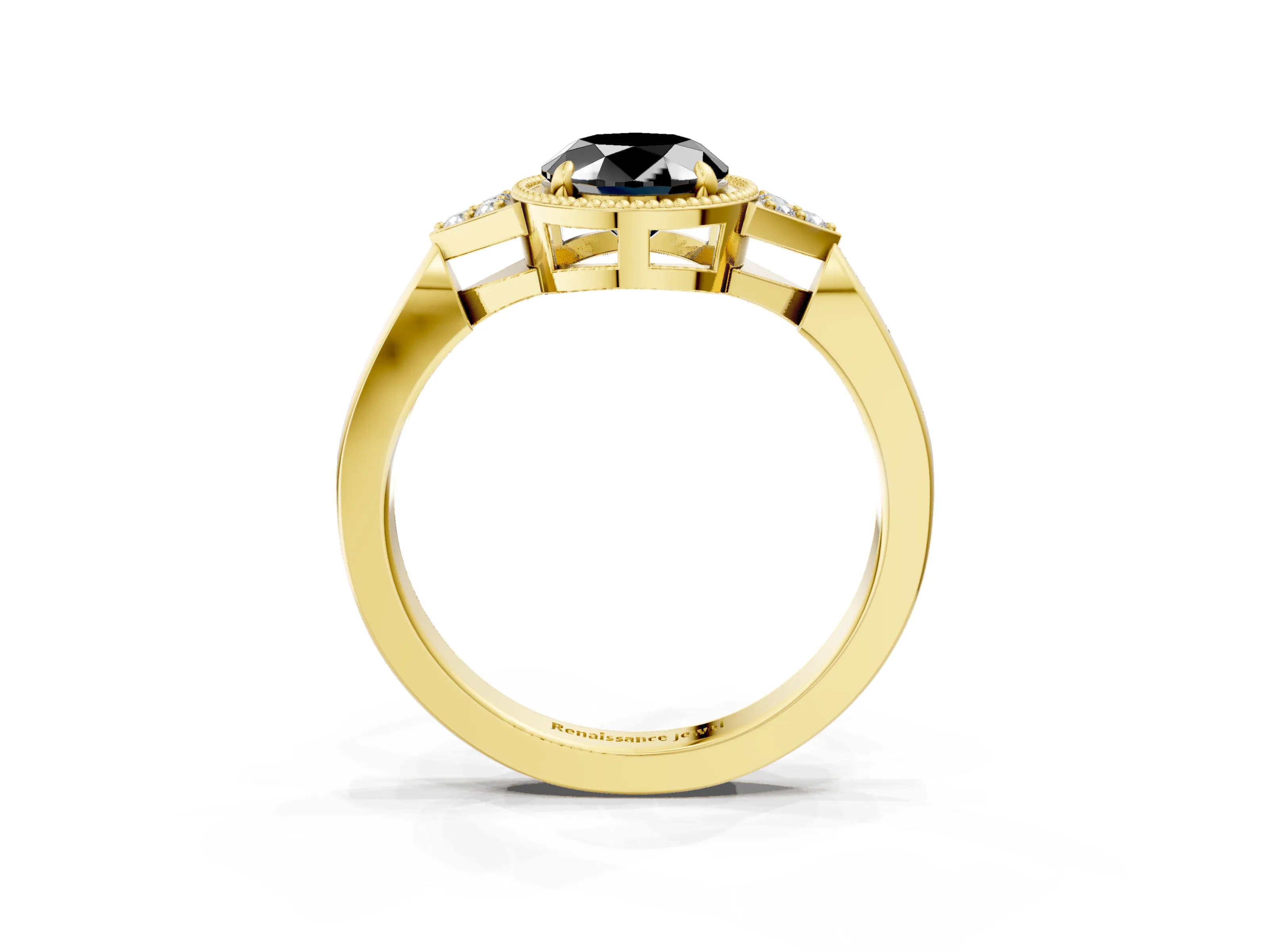 Yellow gold Hexagonal Halo Fancy Black Oval Cut Diamond Solitaire with Pavé Band and Four-Prong Setting_6