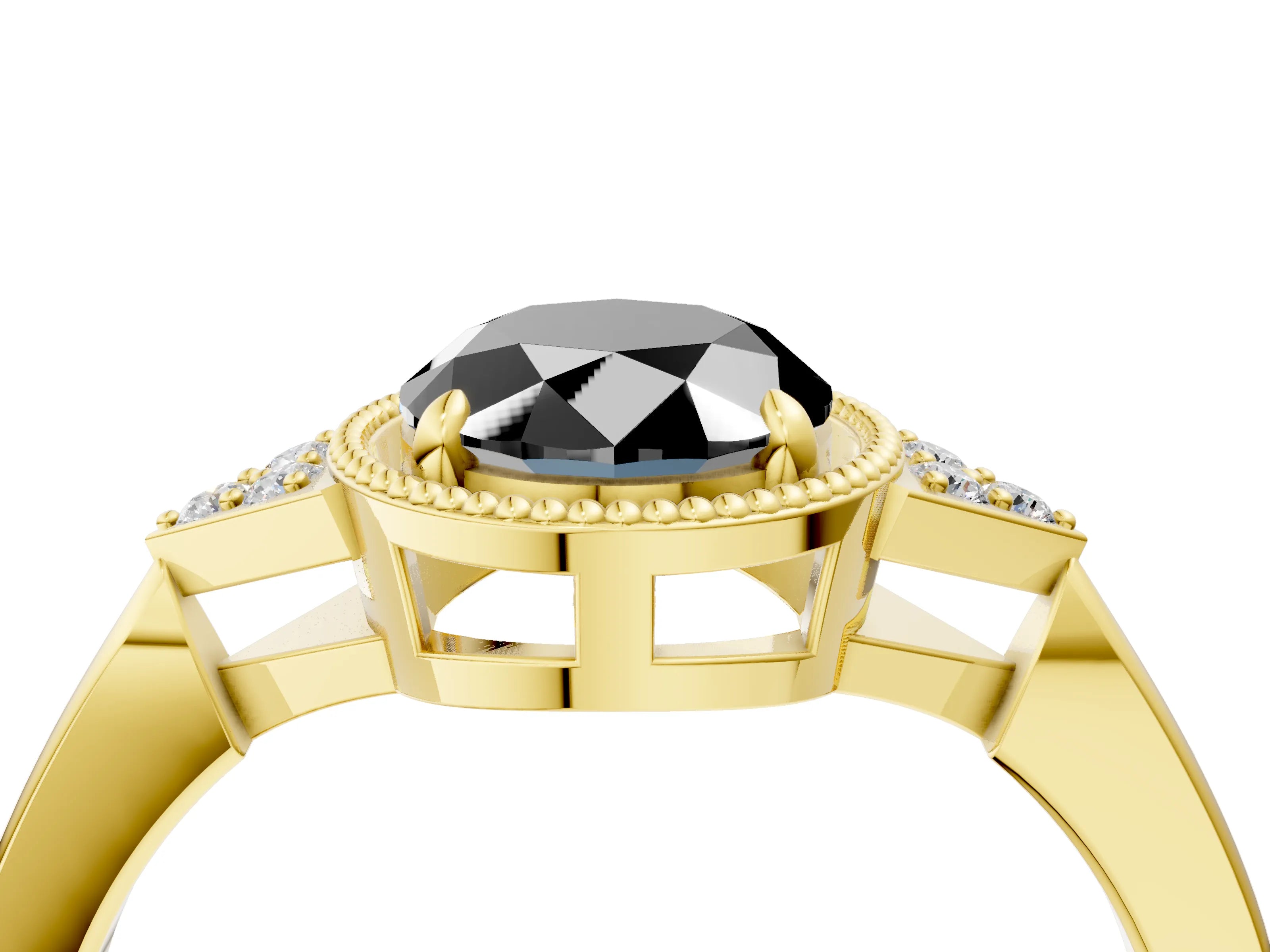 Yellow gold Hexagonal Halo Fancy Black Oval Cut Diamond Solitaire with Pavé Band and Four-Prong Setting_7