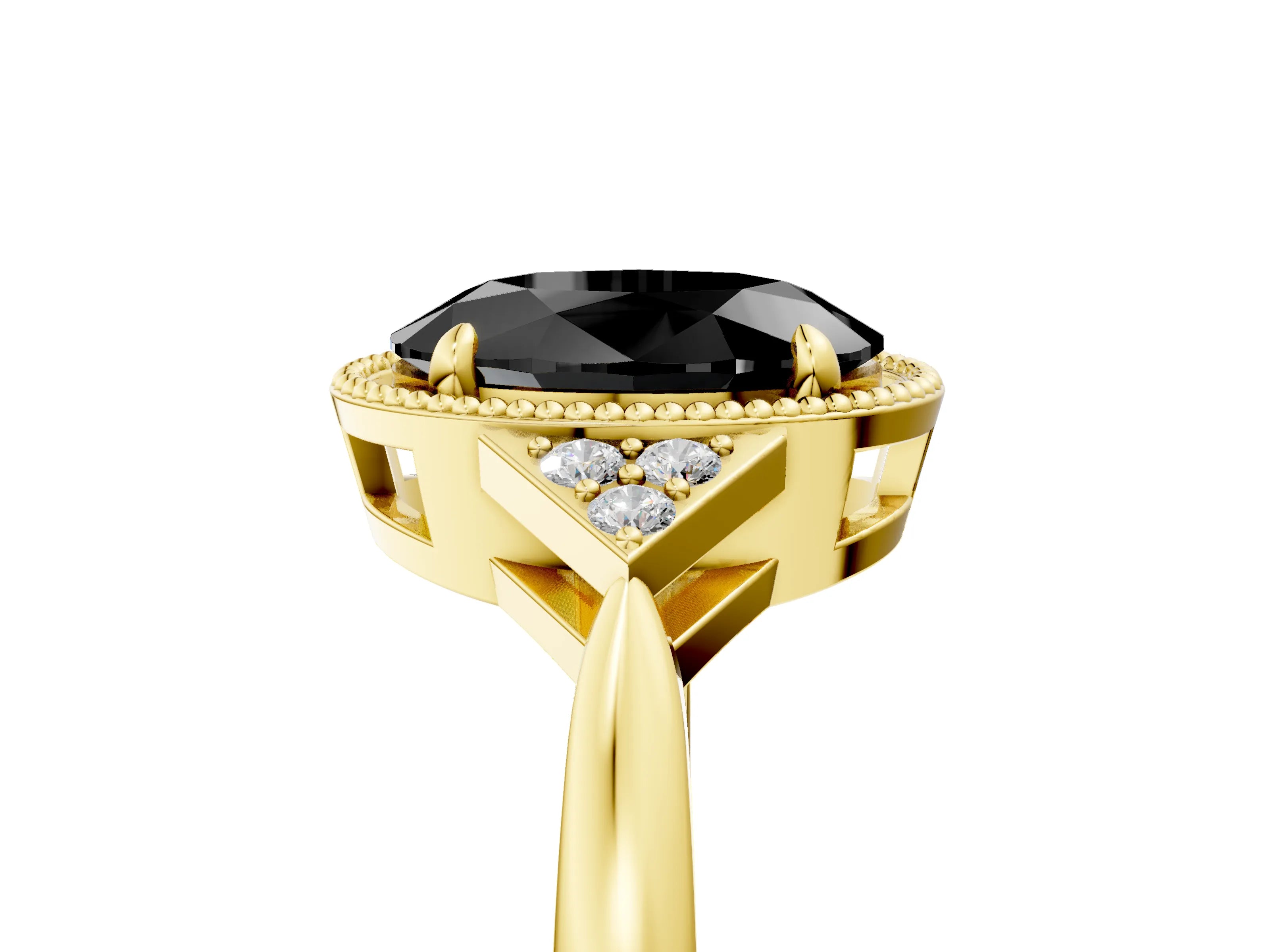 Yellow gold Hexagonal Halo Fancy Black Oval Cut Diamond Solitaire with Pavé Band and Four-Prong Setting_8
