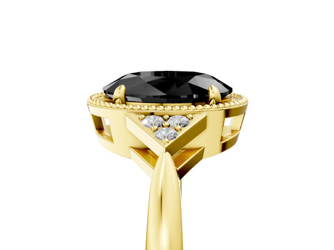Yellow gold Hexagonal Halo Fancy Black Oval Cut Diamond Solitaire with Pavé Band and Four-Prong Setting_8
