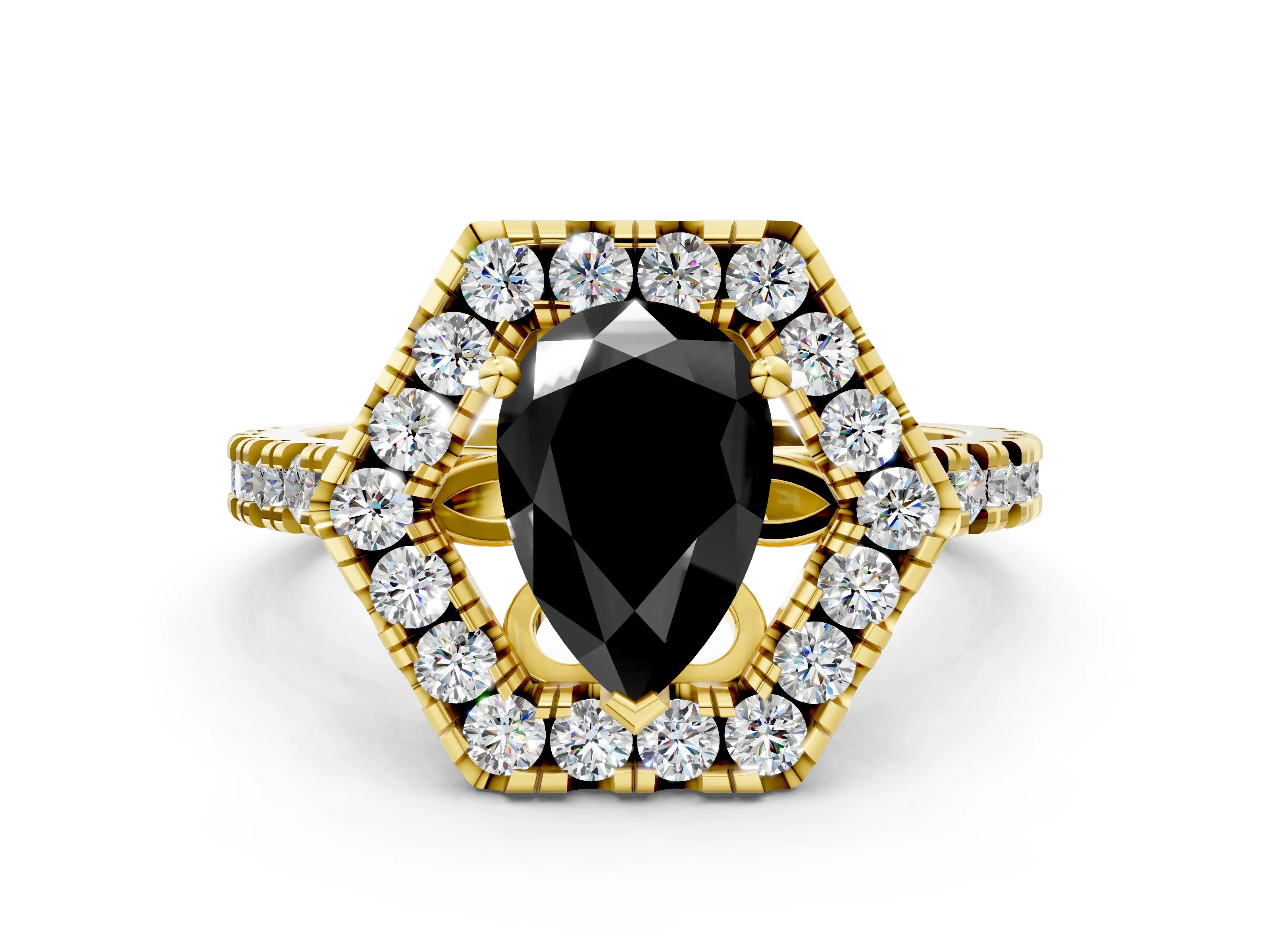 Yellow gold Hexagonal Halo Fancy Black Pear Cut Diamond Pavé Band with Four-Prong Setting