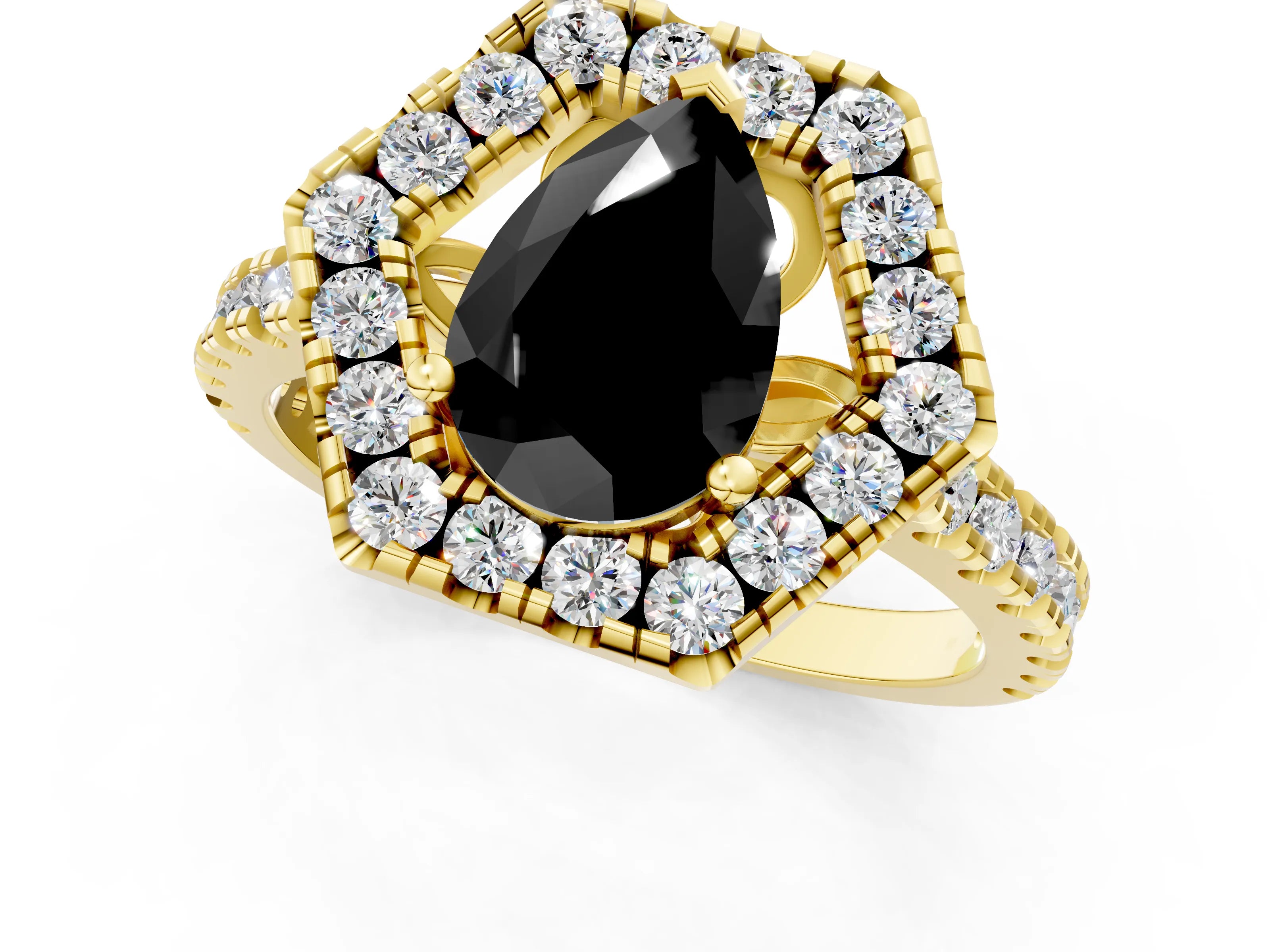 Yellow gold Hexagonal Halo Fancy Black Pear Cut Diamond Pavé Band with Four-Prong Setting_1