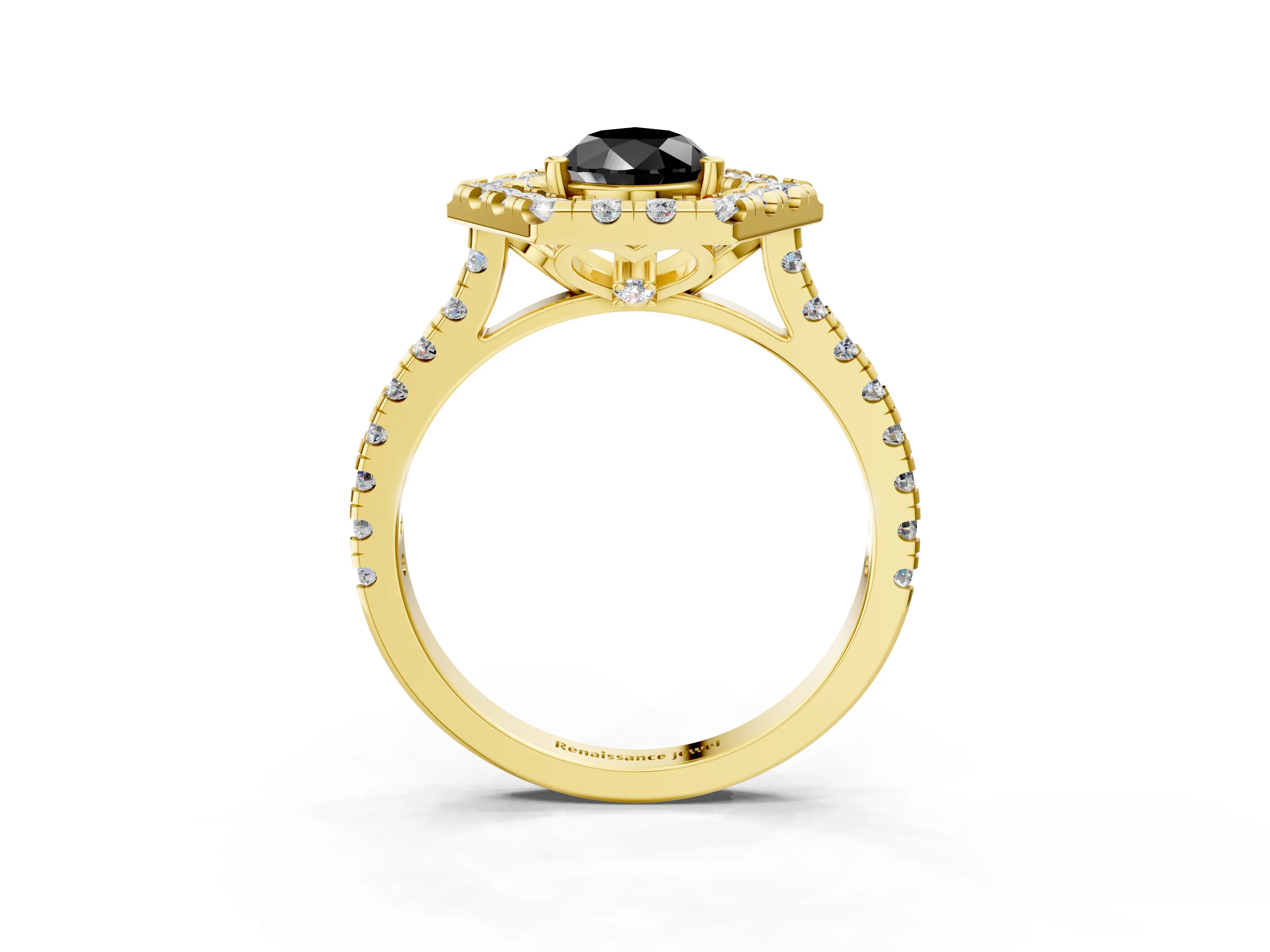 Yellow gold Hexagonal Halo Fancy Black Pear Cut Diamond Pavé Band with Four-Prong Setting_3