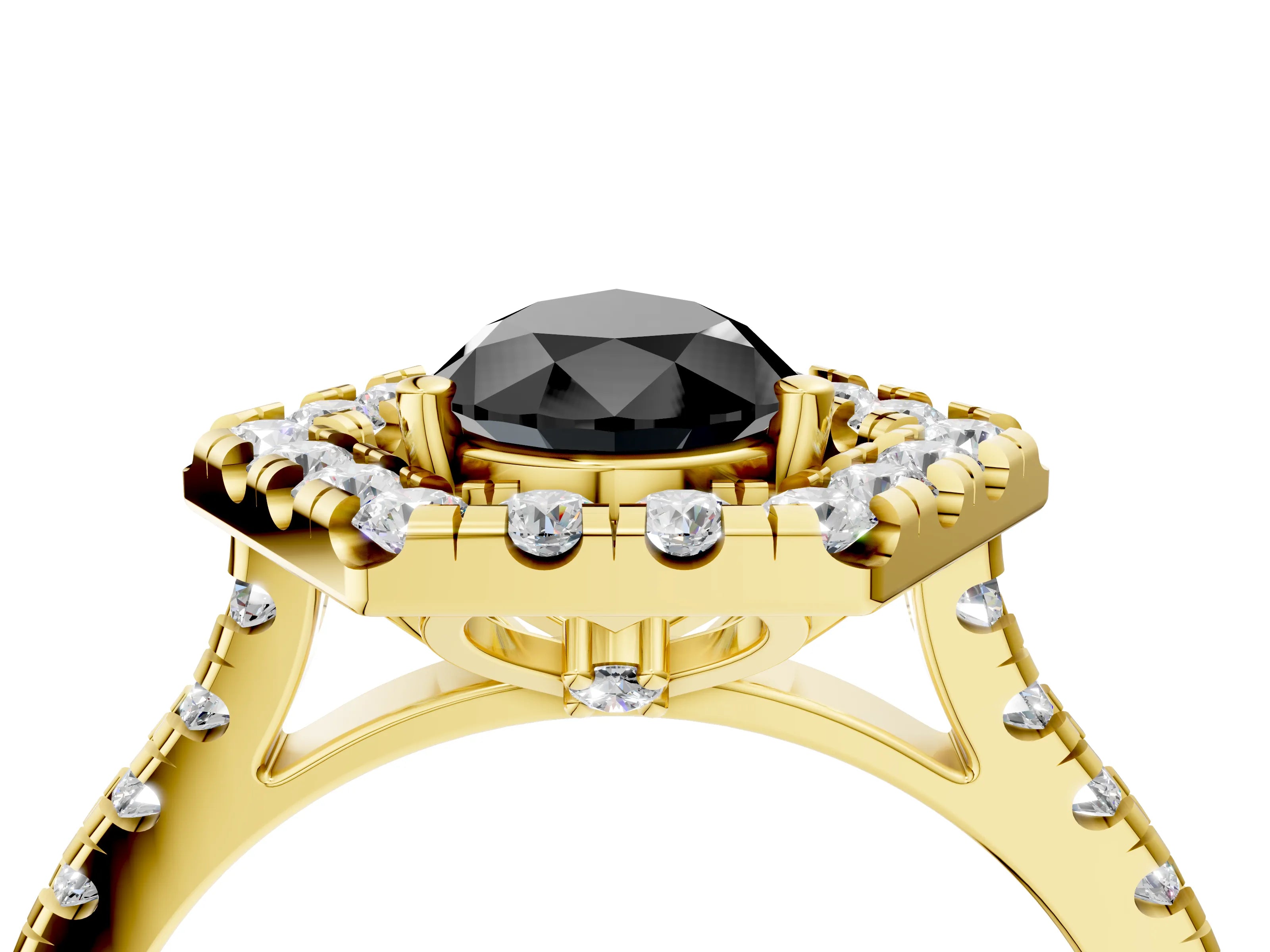 Yellow gold Hexagonal Halo Fancy Black Pear Cut Diamond Pavé Band with Four-Prong Setting_4