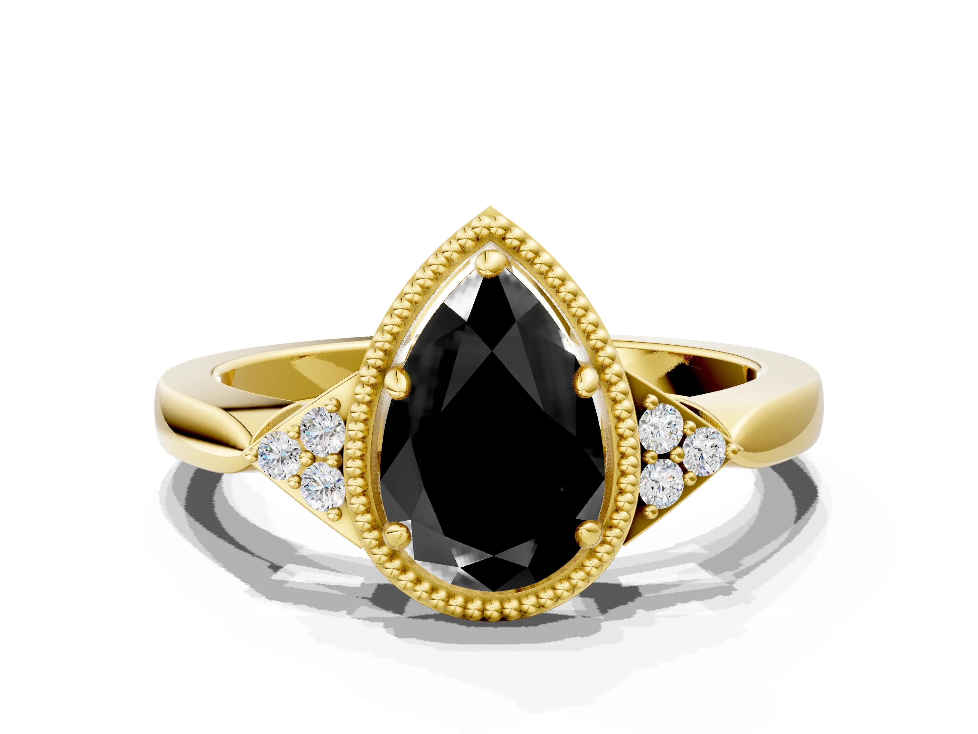 Yellow gold Hexagonal Halo Fancy Black Pear Cut Diamond Solitaire with Pavé Band and Four-Prong Setting_3