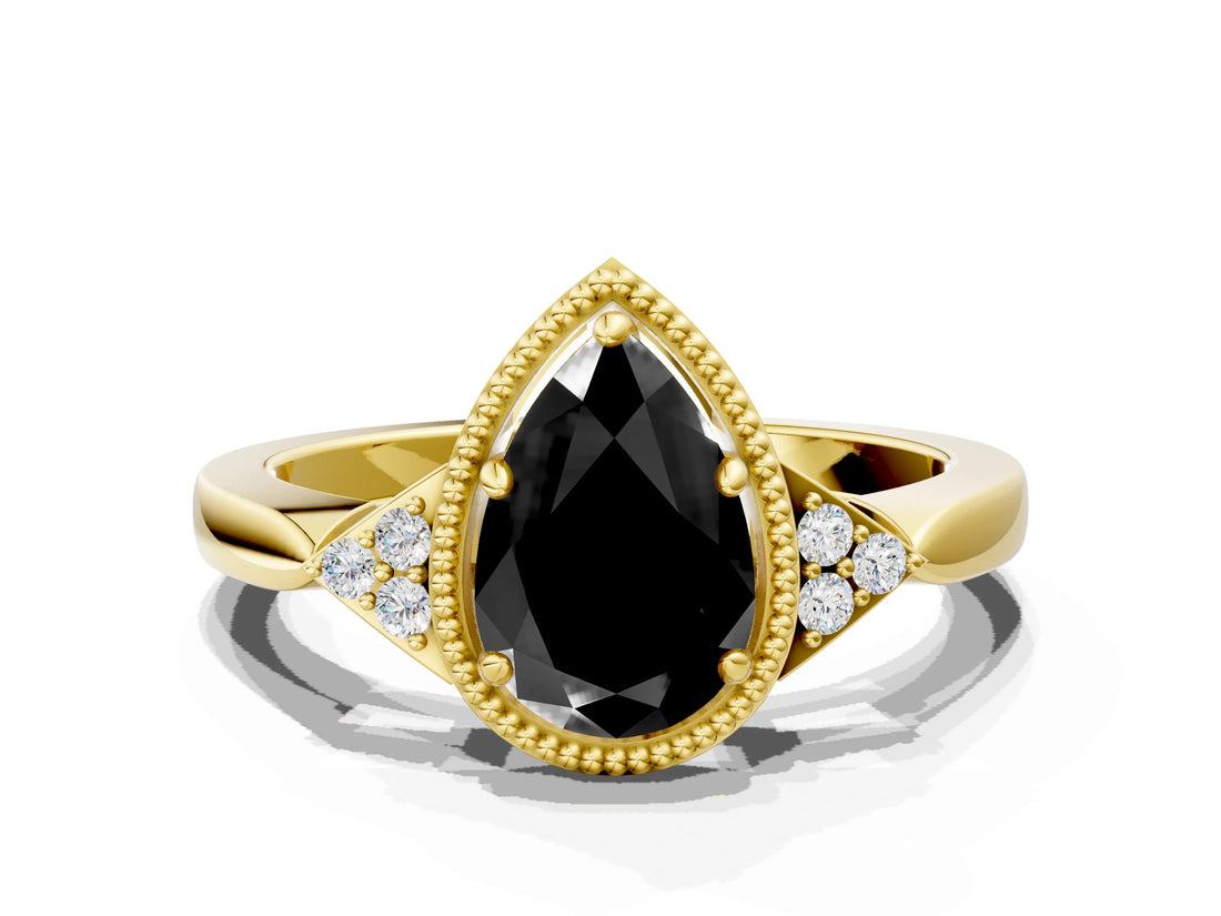 Yellow gold Hexagonal Halo Fancy Black Pear Cut Diamond Solitaire with Pavé Band and Four-Prong Setting_3