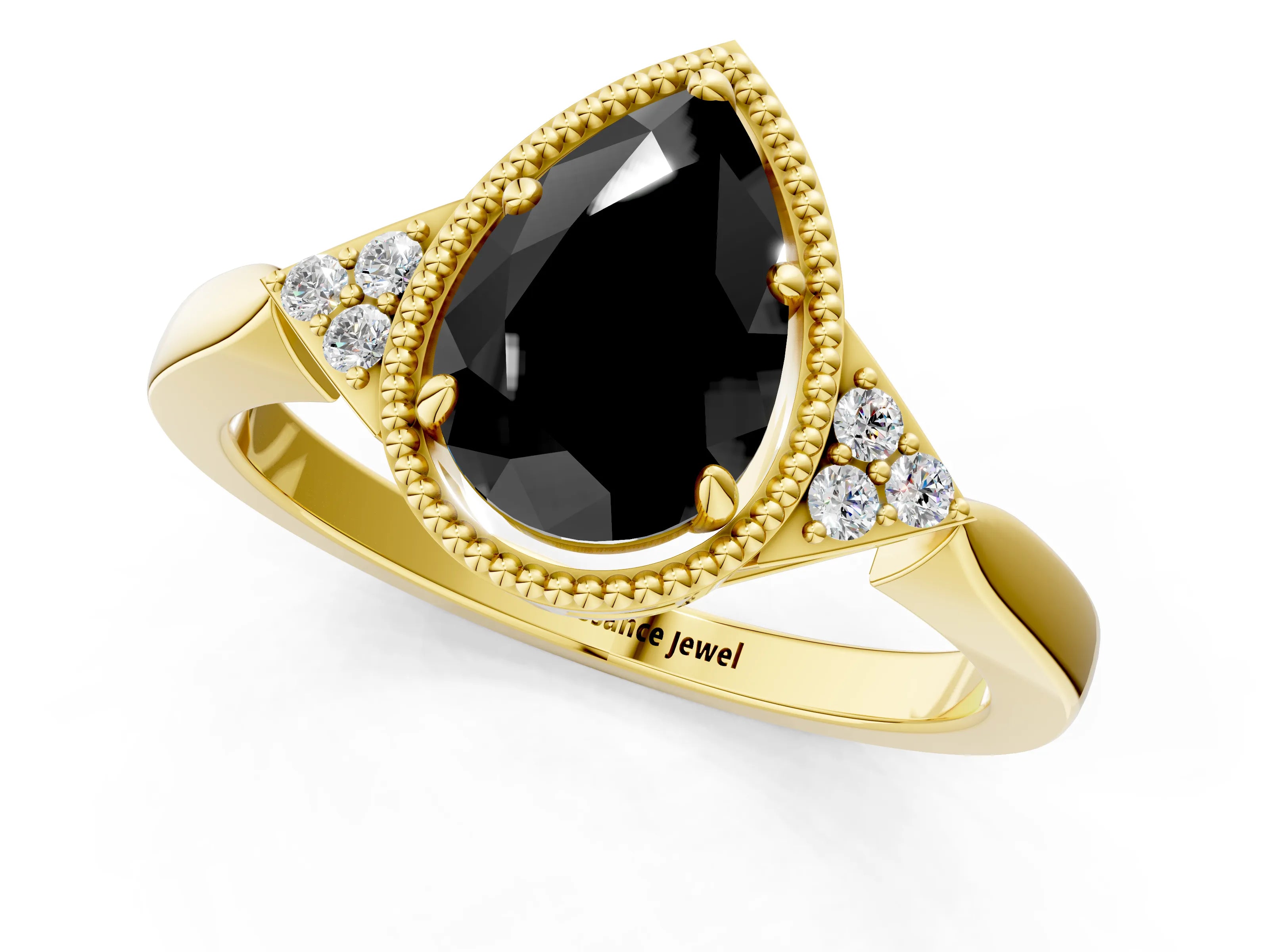 Yellow gold Hexagonal Halo Fancy Black Pear Cut Diamond Solitaire with Pavé Band and Four-Prong Setting_4