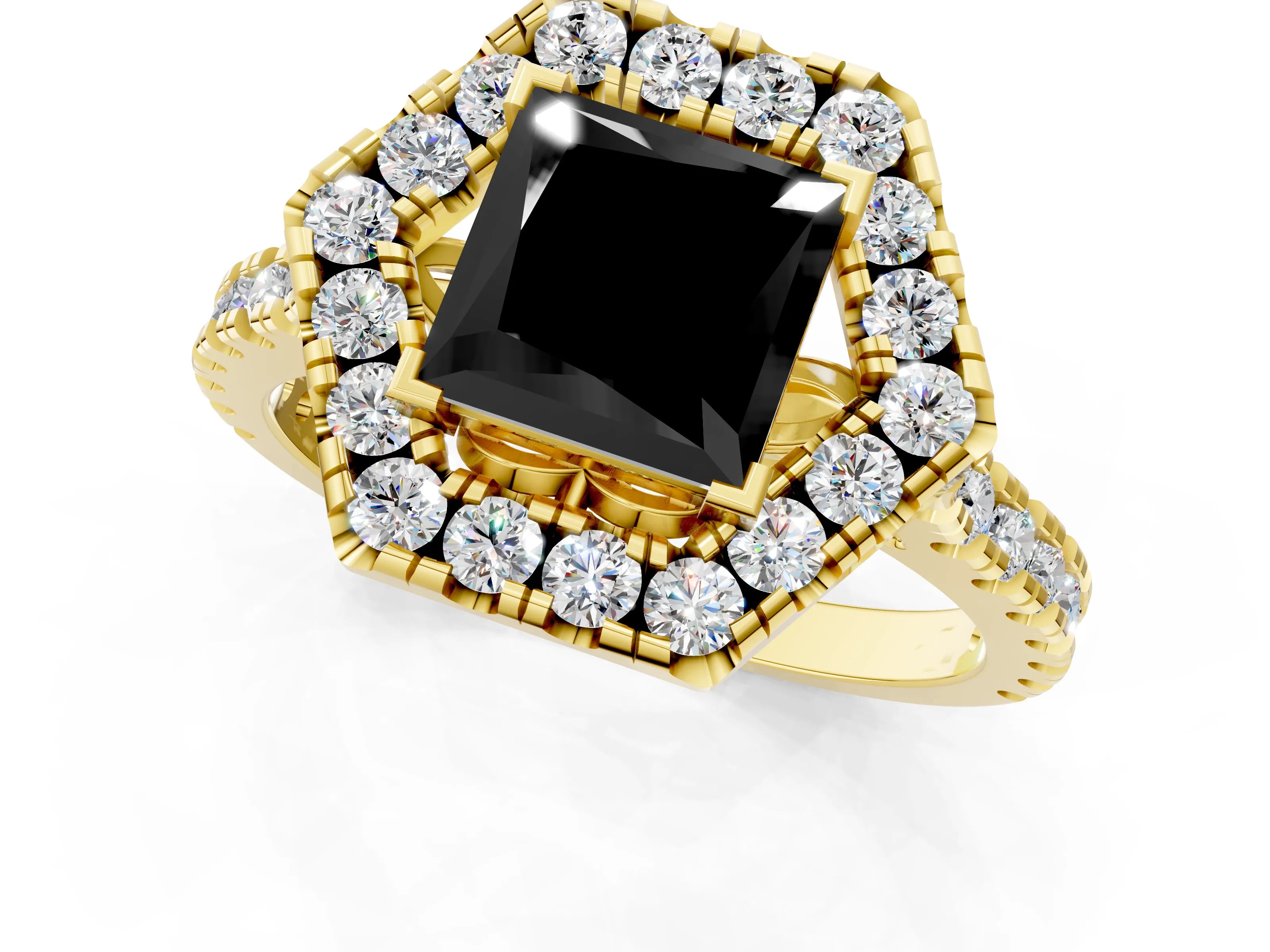 Yellow gold Hexagonal Halo Fancy Black Princess Cut Diamond Pavé Band with Four-Prong Setting_1