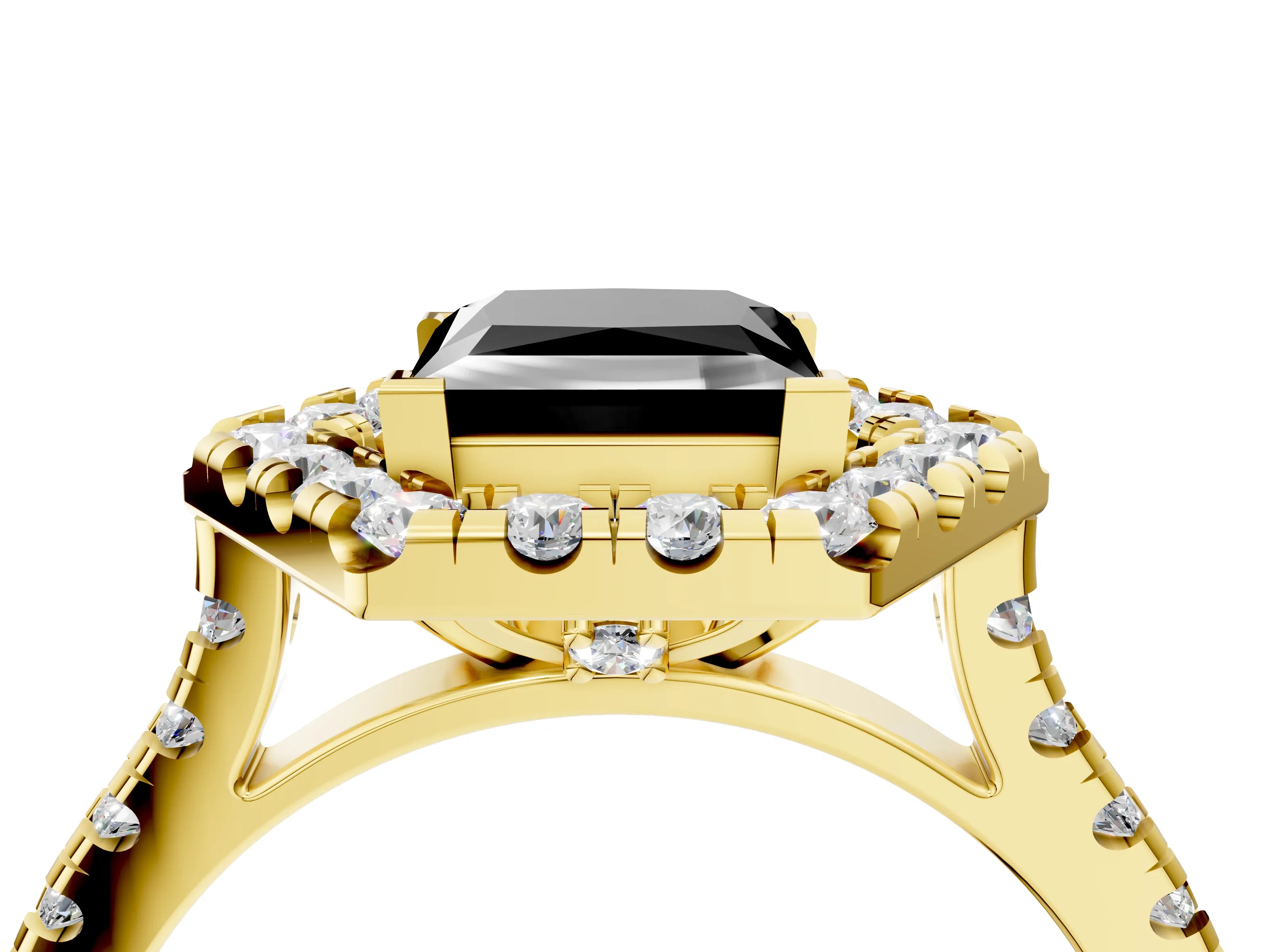 Yellow gold Hexagonal Halo Fancy Black Princess Cut Diamond Pavé Band with Four-Prong Setting_4