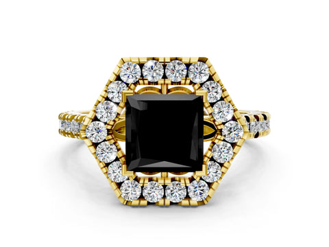 Yellow gold Hexagonal Halo Fancy Black Princess Cut Diamond Pavé Band with Four-Prong Setting
