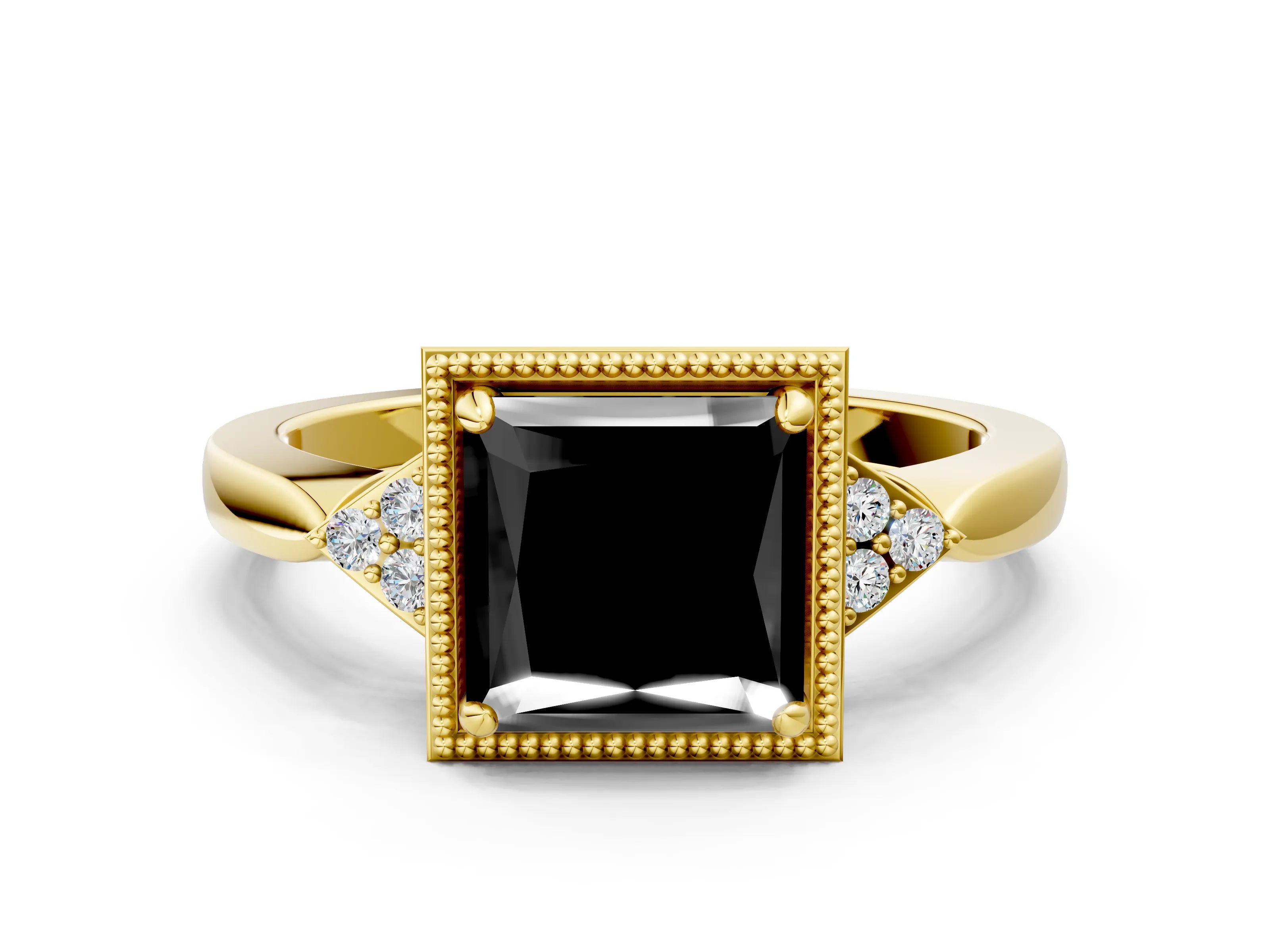 Yellow gold Hexagonal Halo Fancy Black Princess Cut Diamond Solitaire with Pavé Band and Four-Prong Setting_3