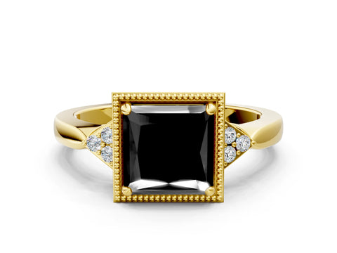 Yellow gold Hexagonal Halo Fancy Black Princess Cut Diamond Solitaire with Pavé Band and Four-Prong Setting_3