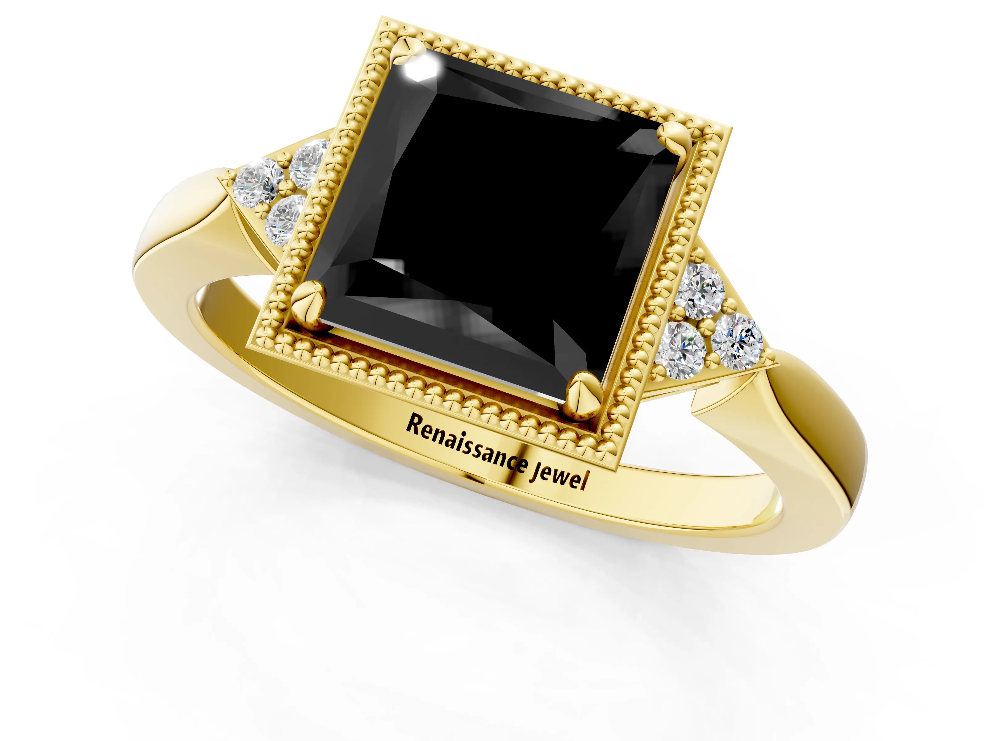 Yellow gold Hexagonal Halo Fancy Black Princess Cut Diamond Solitaire with Pavé Band and Four-Prong Setting_4