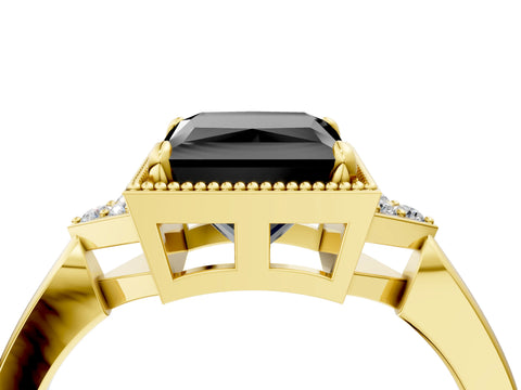 Yellow gold Hexagonal Halo Fancy Black Princess Cut Diamond Solitaire with Pavé Band and Four-Prong Setting_7