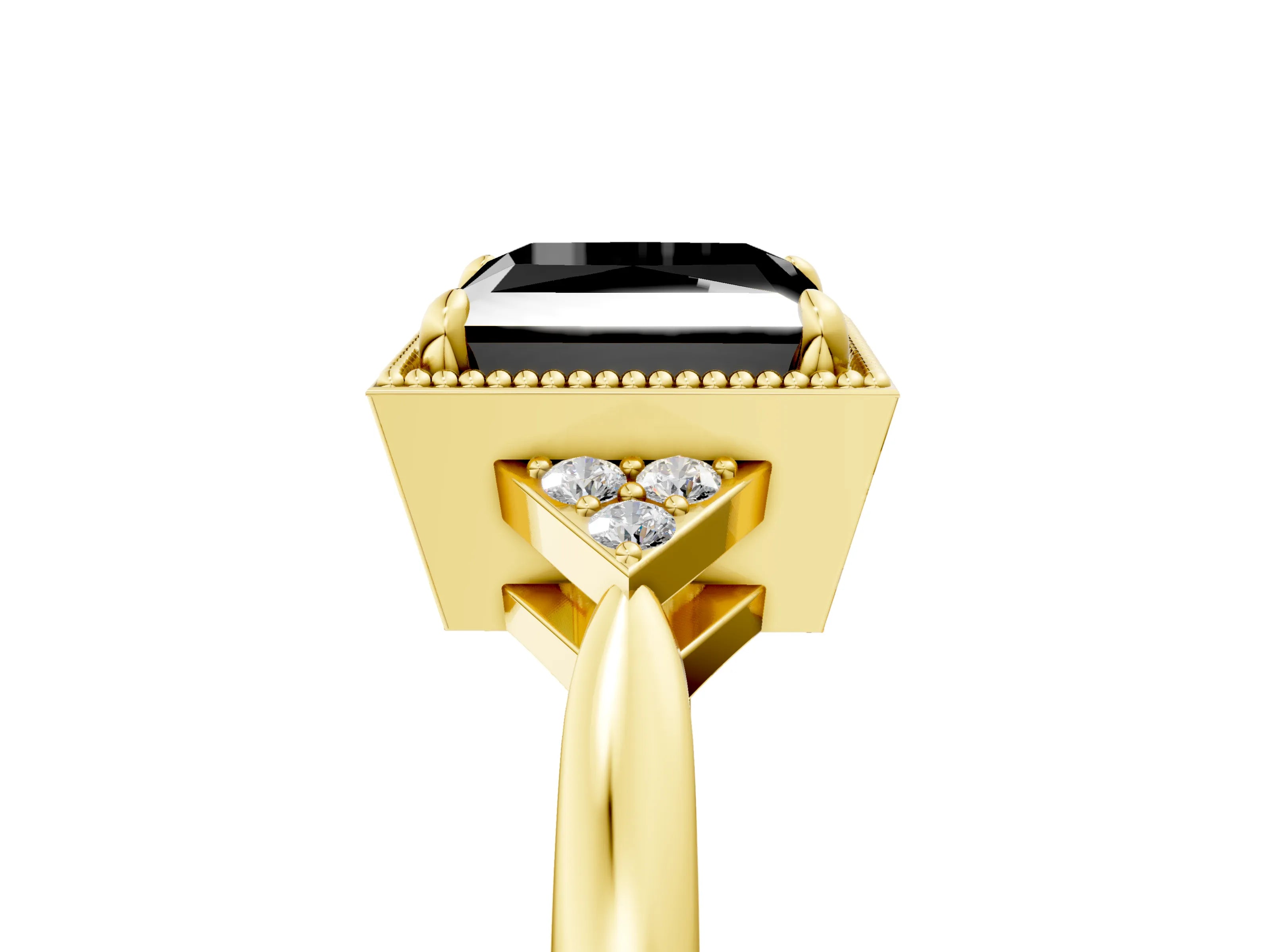 Yellow gold Hexagonal Halo Fancy Black Princess Cut Diamond Solitaire with Pavé Band and Four-Prong Setting_8