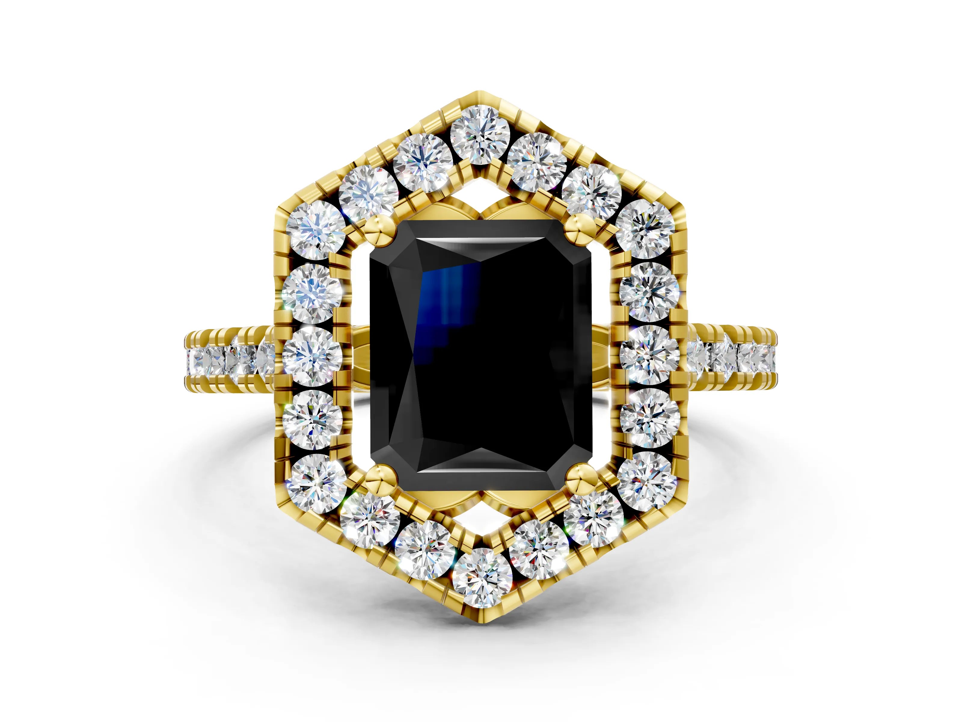 Yellow gold Hexagonal Halo Fancy Black Radiant Cut Diamond Pavé Band with Four-Prong Setting