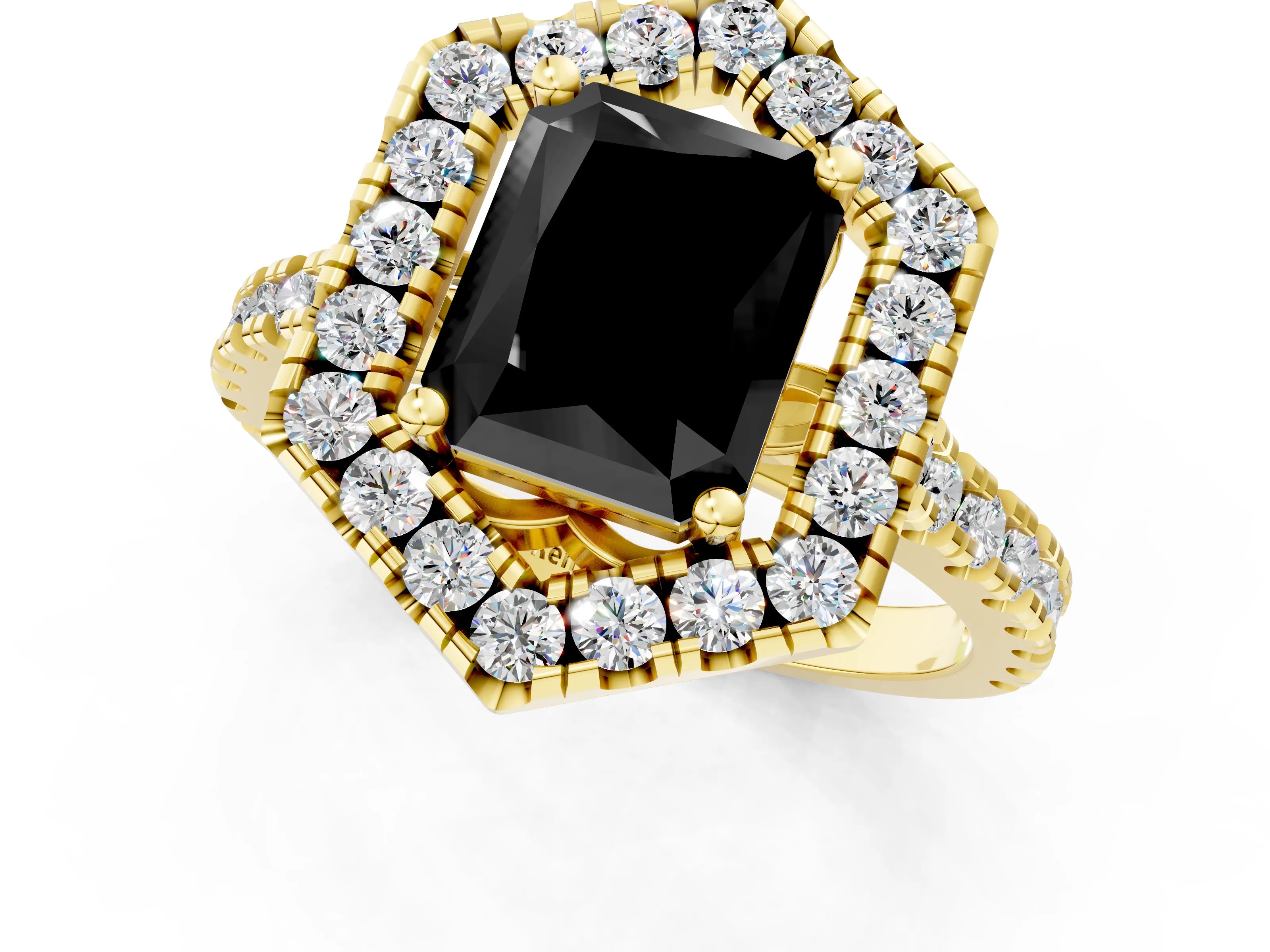 Yellow gold Hexagonal Halo Fancy Black Radiant Cut Diamond Pavé Band with Four-Prong Setting_1