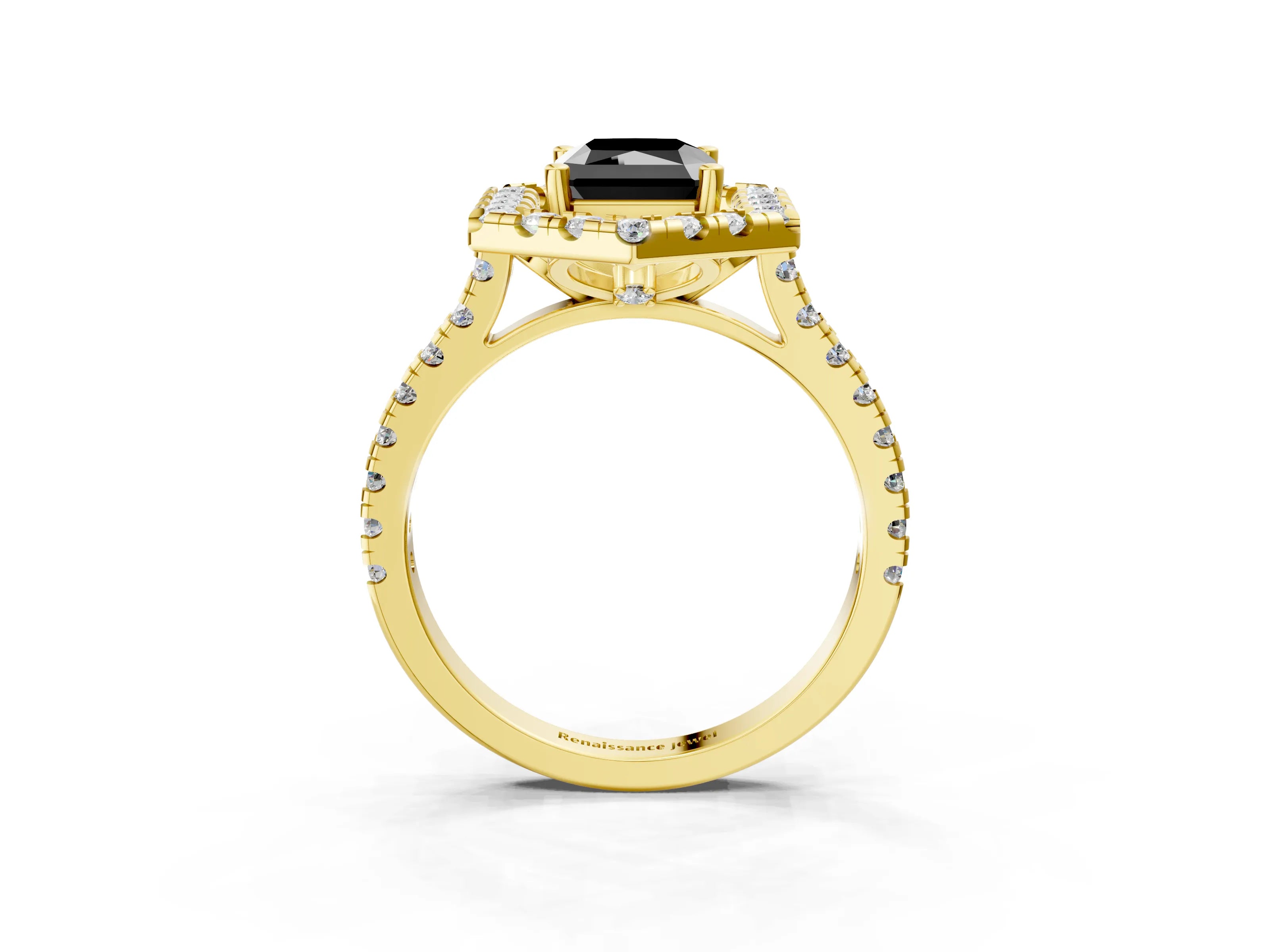 Yellow gold Hexagonal Halo Fancy Black Radiant Cut Diamond Pavé Band with Four-Prong Setting_3