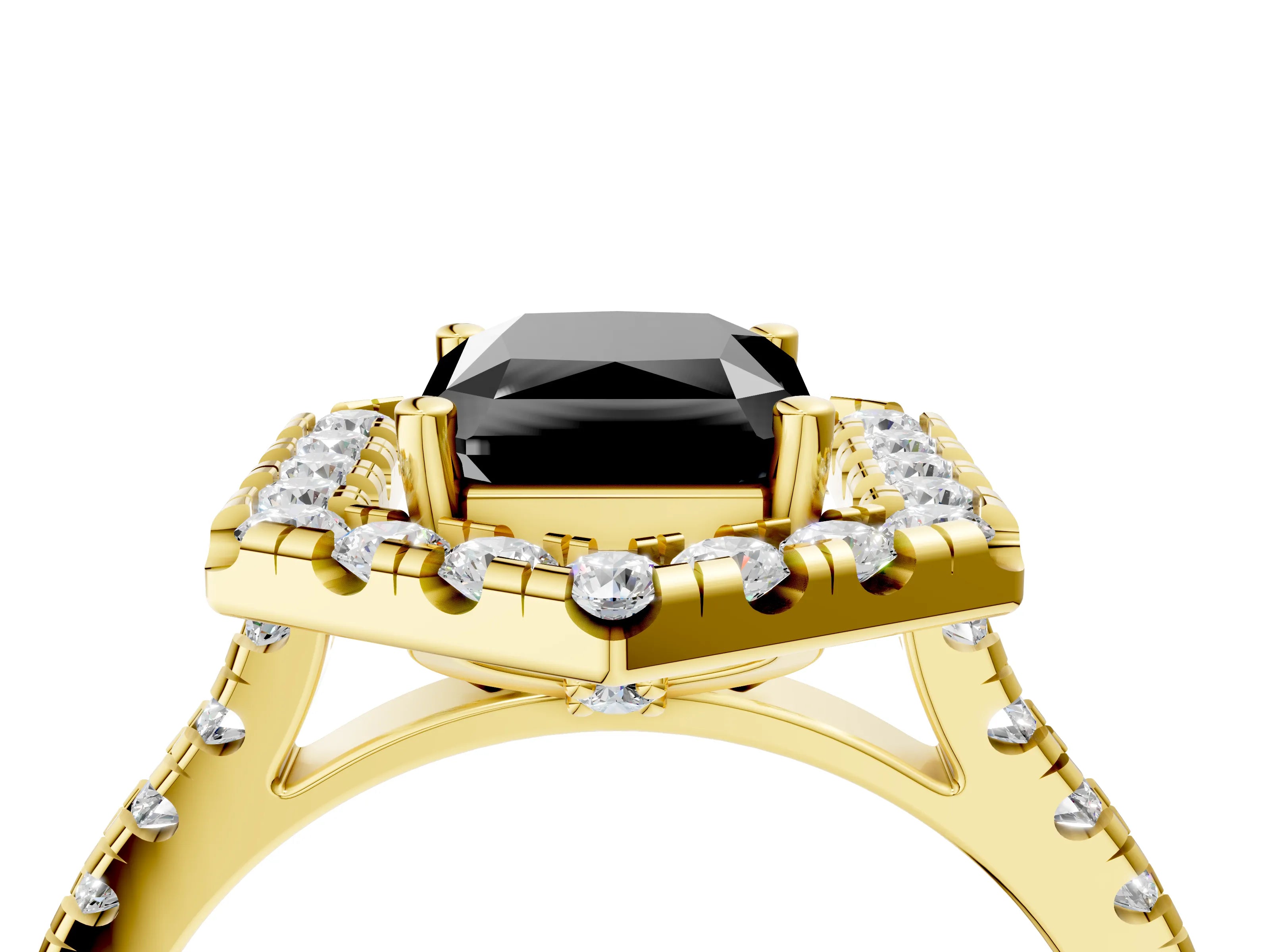 Yellow gold Hexagonal Halo Fancy Black Radiant Cut Diamond Pavé Band with Four-Prong Setting_4
