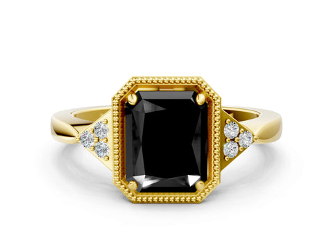 Yellow gold Hexagonal Halo Fancy Black Radiant Cut Diamond Solitaire with Pavé Band and Four-Prong Setting_3