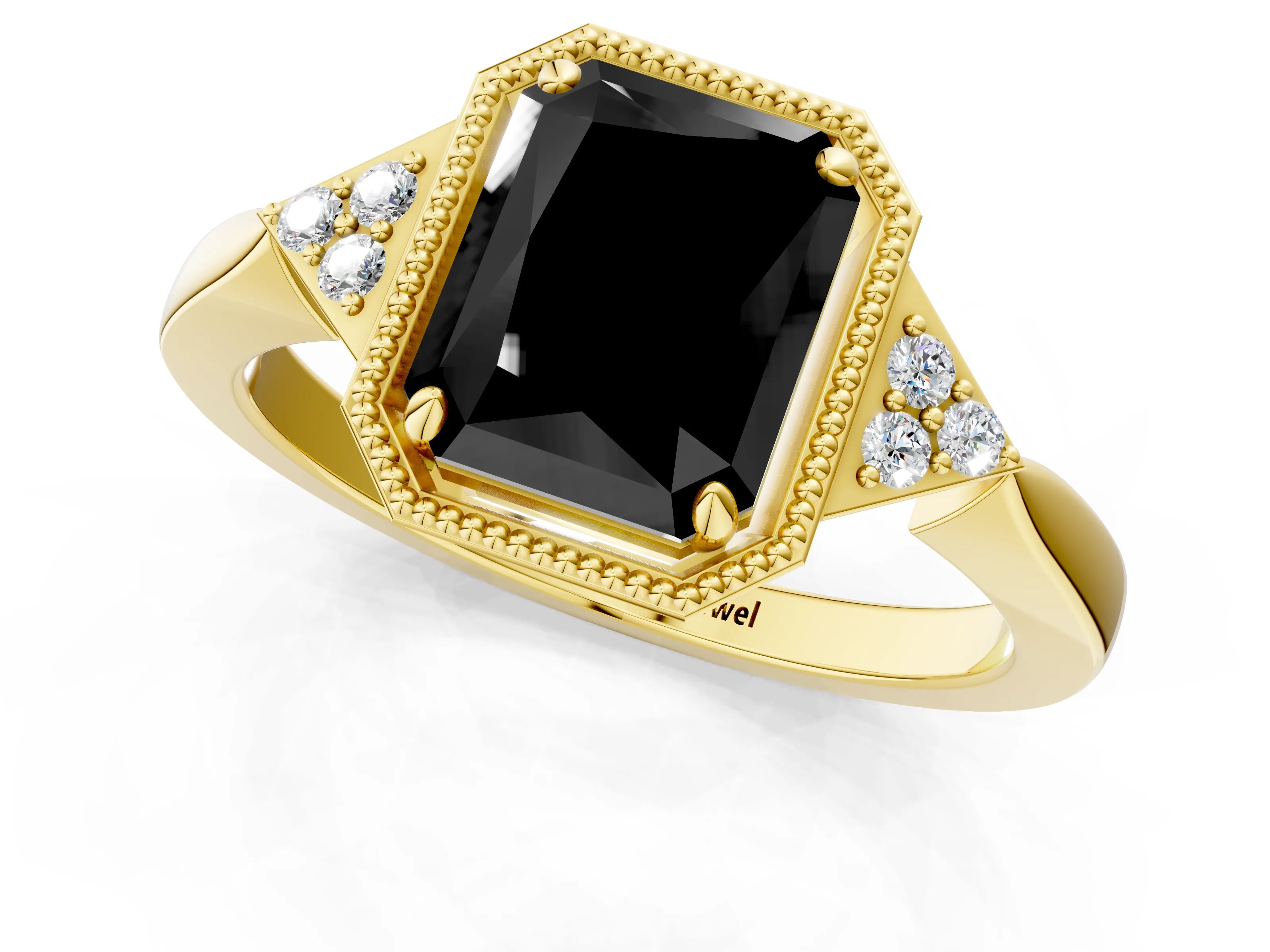 Yellow gold Hexagonal Halo Fancy Black Radiant Cut Diamond Solitaire with Pavé Band and Four-Prong Setting_4