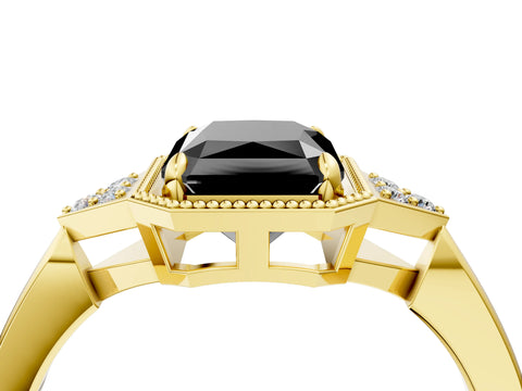 Yellow gold Hexagonal Halo Fancy Black Radiant Cut Diamond Solitaire with Pavé Band and Four-Prong Setting_7