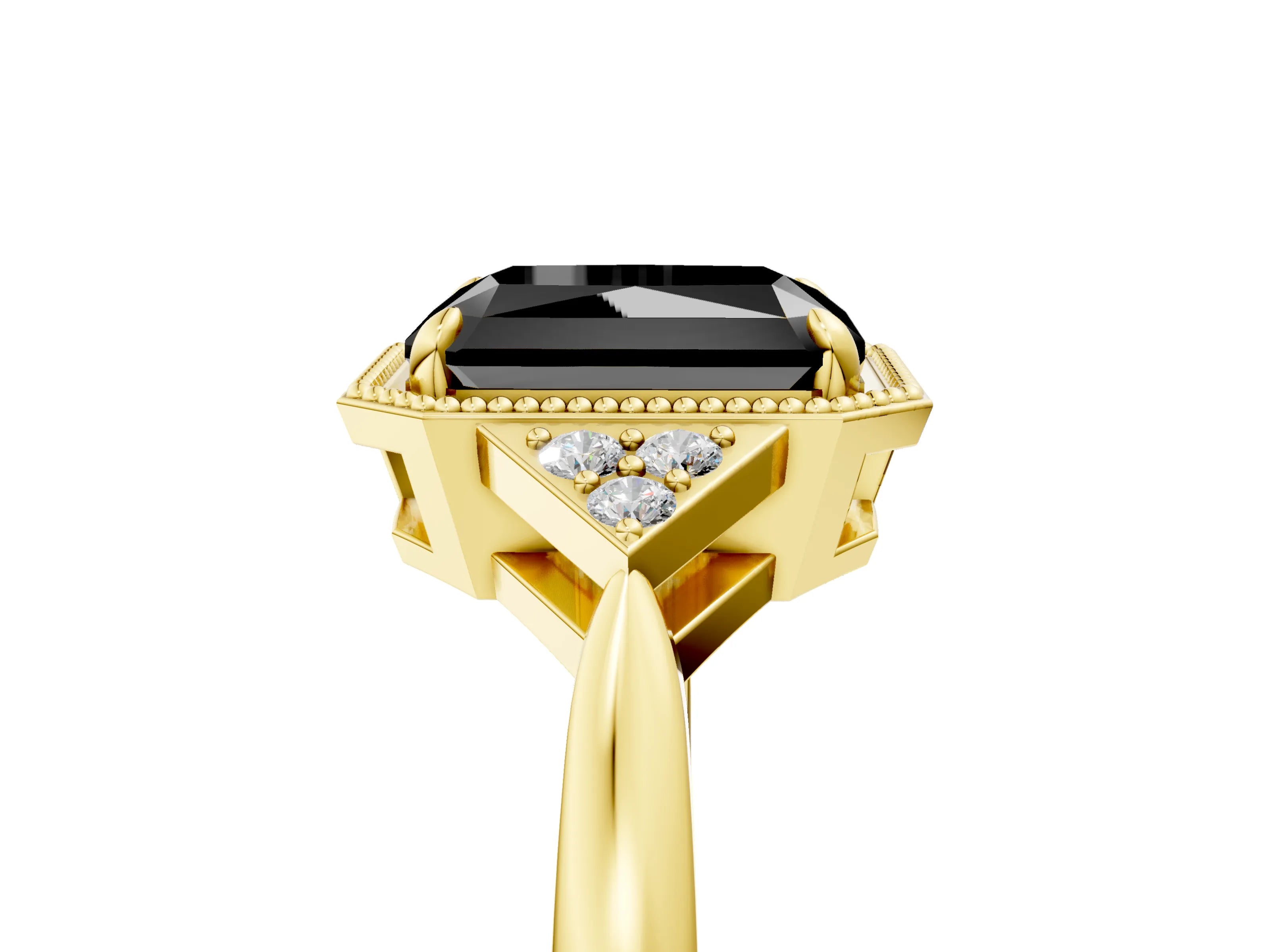 Yellow gold Hexagonal Halo Fancy Black Radiant Cut Diamond Solitaire with Pavé Band and Four-Prong Setting_8