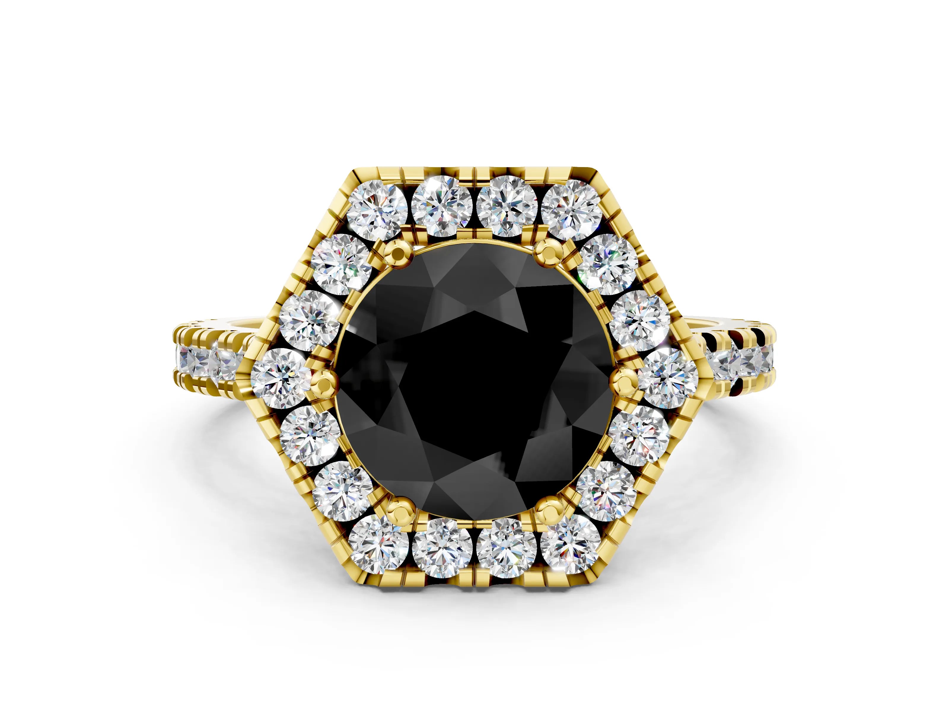 Yellow gold Hexagonal Halo Fancy Black Round Cut Diamond Pavé Band with Four-Prong Setting_12