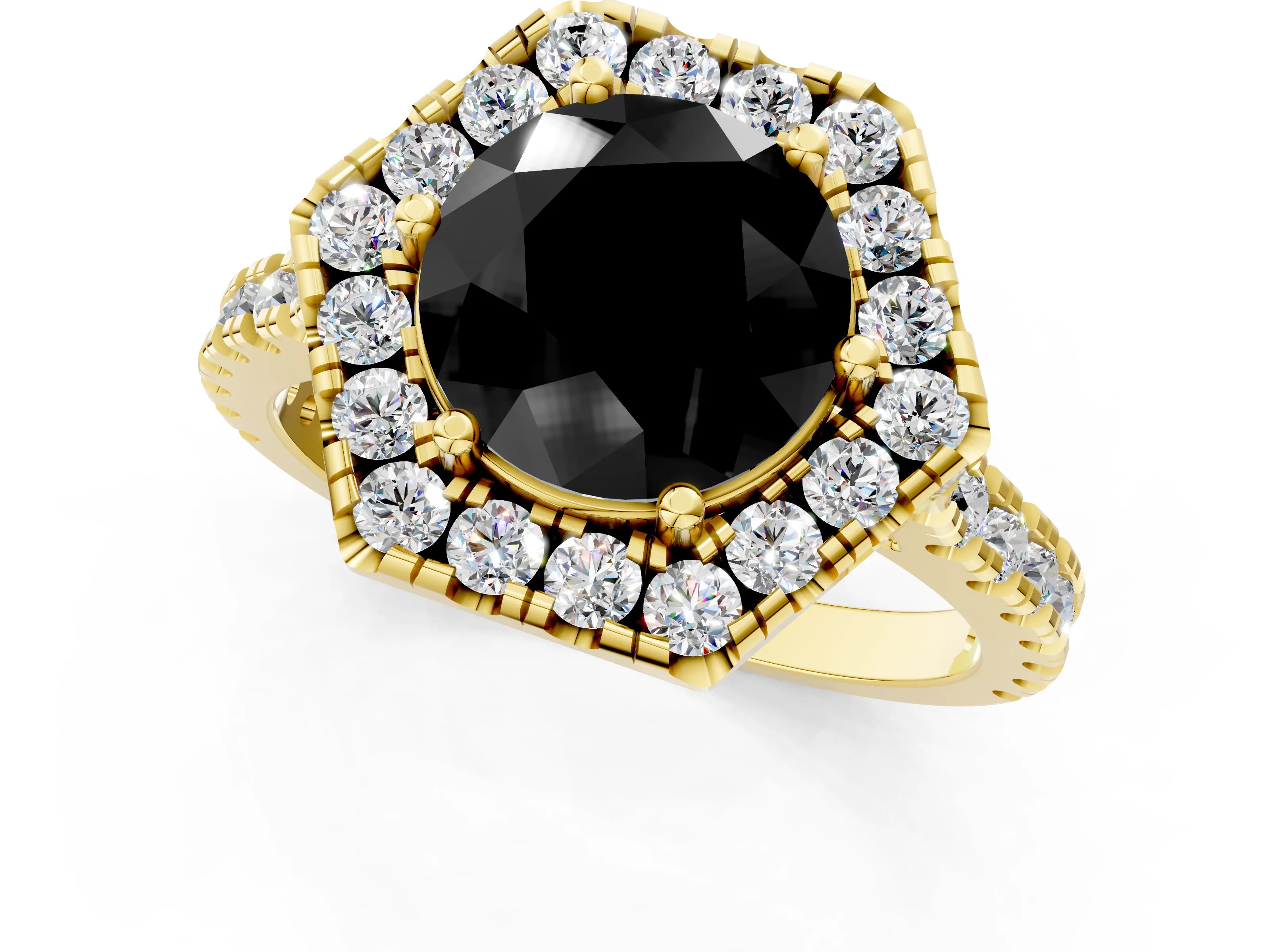Yellow gold Hexagonal Halo Fancy Black Round Cut Diamond Pavé Band with Four-Prong Setting_13