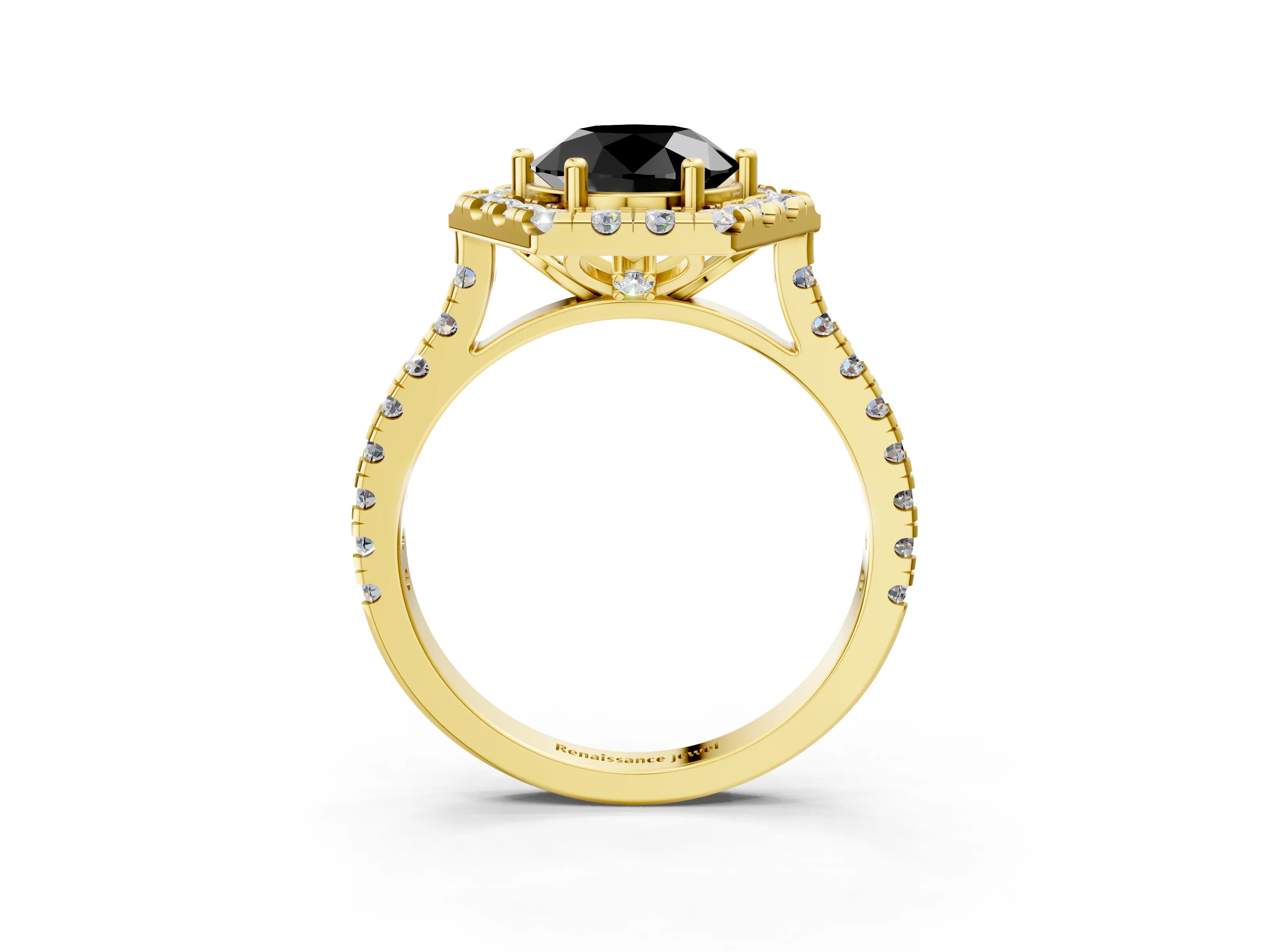 Yellow gold Hexagonal Halo Fancy Black Round Cut Diamond Pavé Band with Four-Prong Setting_15