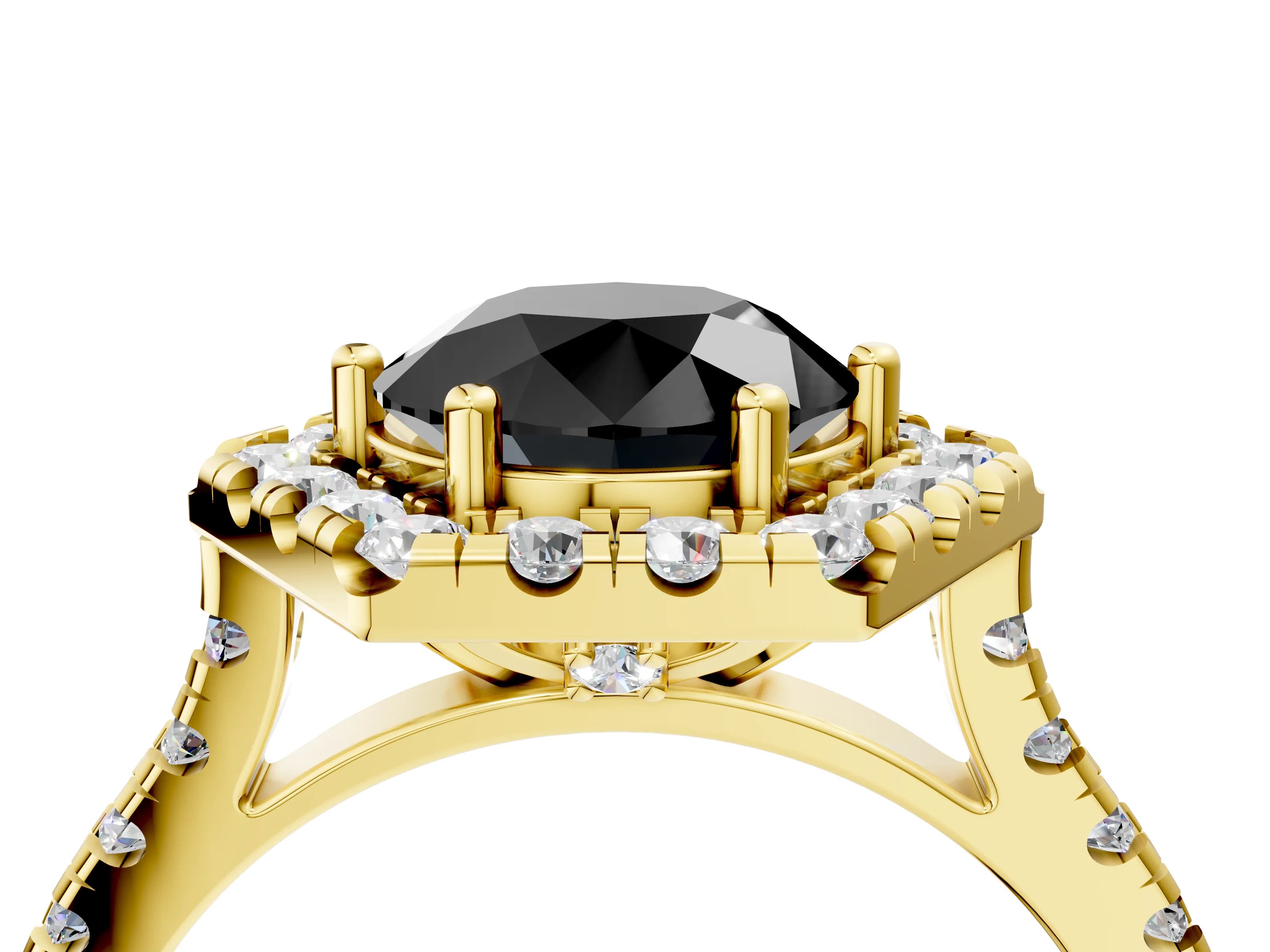 Yellow gold Hexagonal Halo Fancy Black Round Cut Diamond Pavé Band with Four-Prong Setting_16