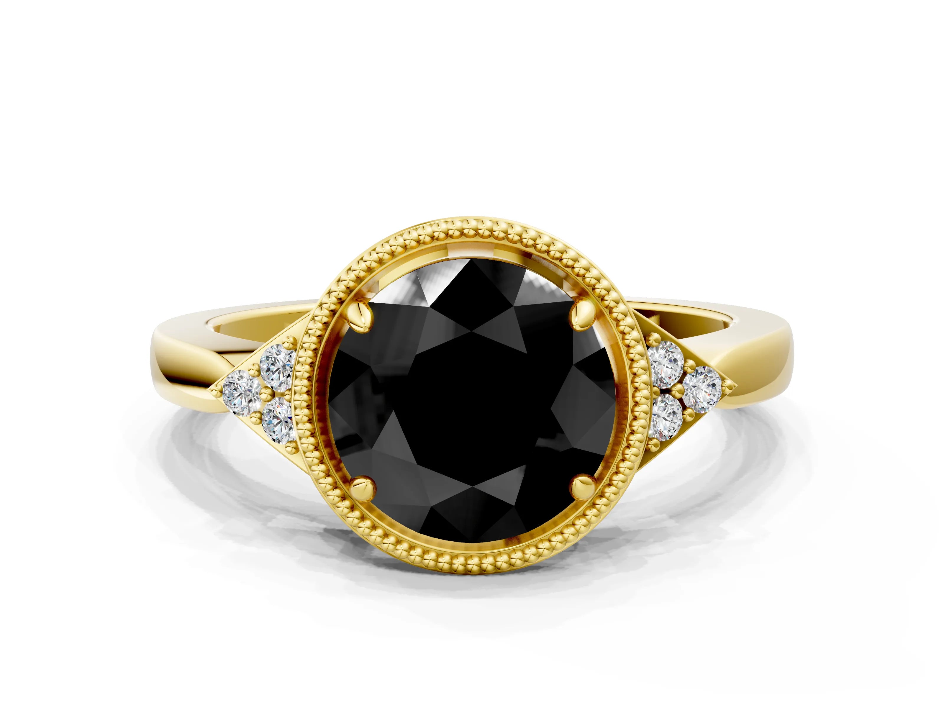 Yellow gold Hexagonal Halo Fancy Black Round Cut Diamond Solitaire with Pavé Band and Four-Prong Setting_3